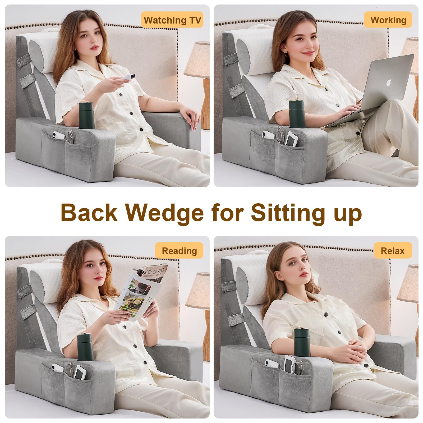 Reading Pillow for Sitting in Bed Adult, Back Pillow for Bed Sitting up with Arms, Pockets and Cup holder, Sit Up Backrest Pillows for Beds Chair Support, Rest Pillow for Gaming (Light gray, 5PCS)