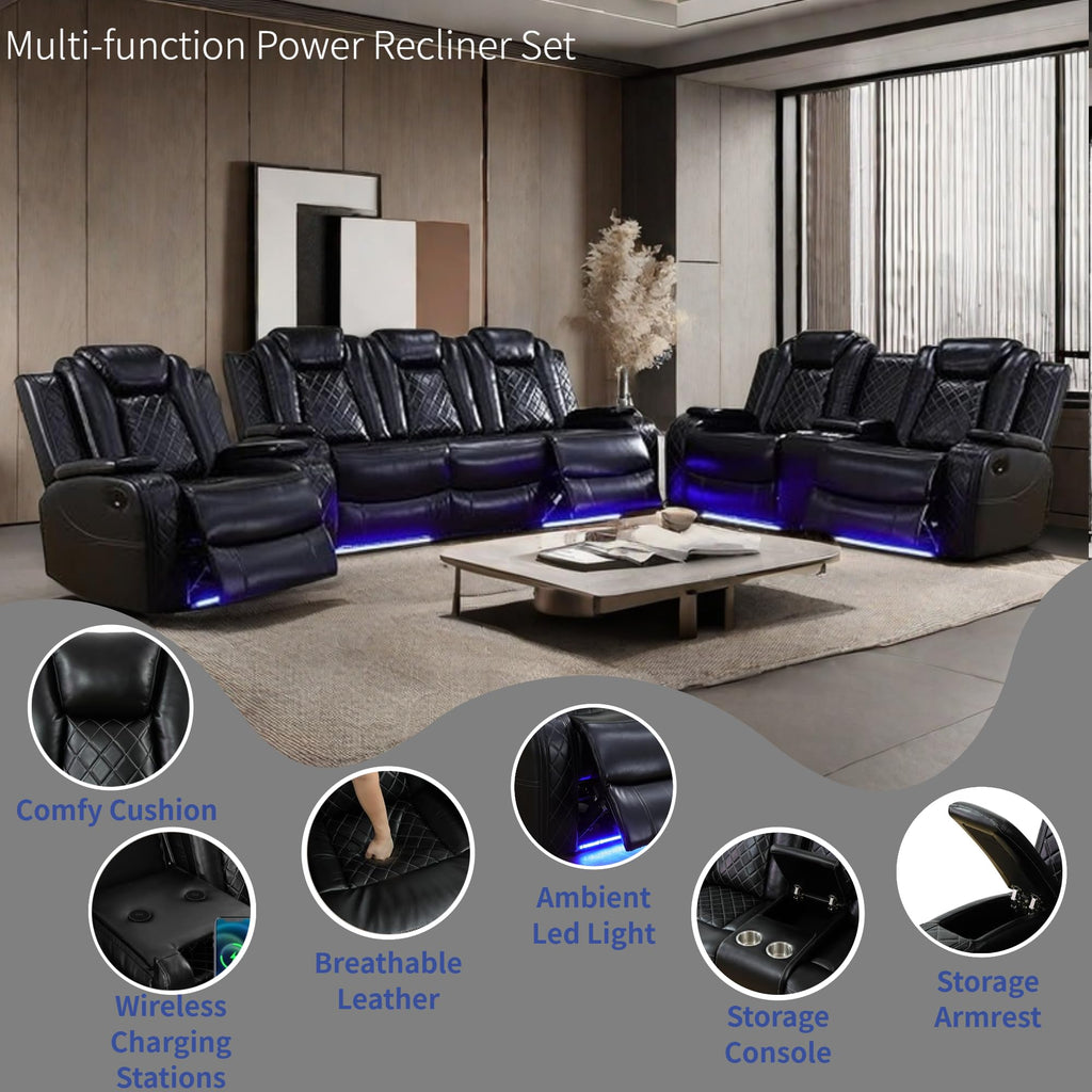 AYCP Furniture Power Recliner Set with LED Lights, Air Leather Reclining Set with USB Port/Wireless Charger/Storage Console/Cup Holder for House/HomeTheater/Apt (Black, Sofa Loveseat Chair)