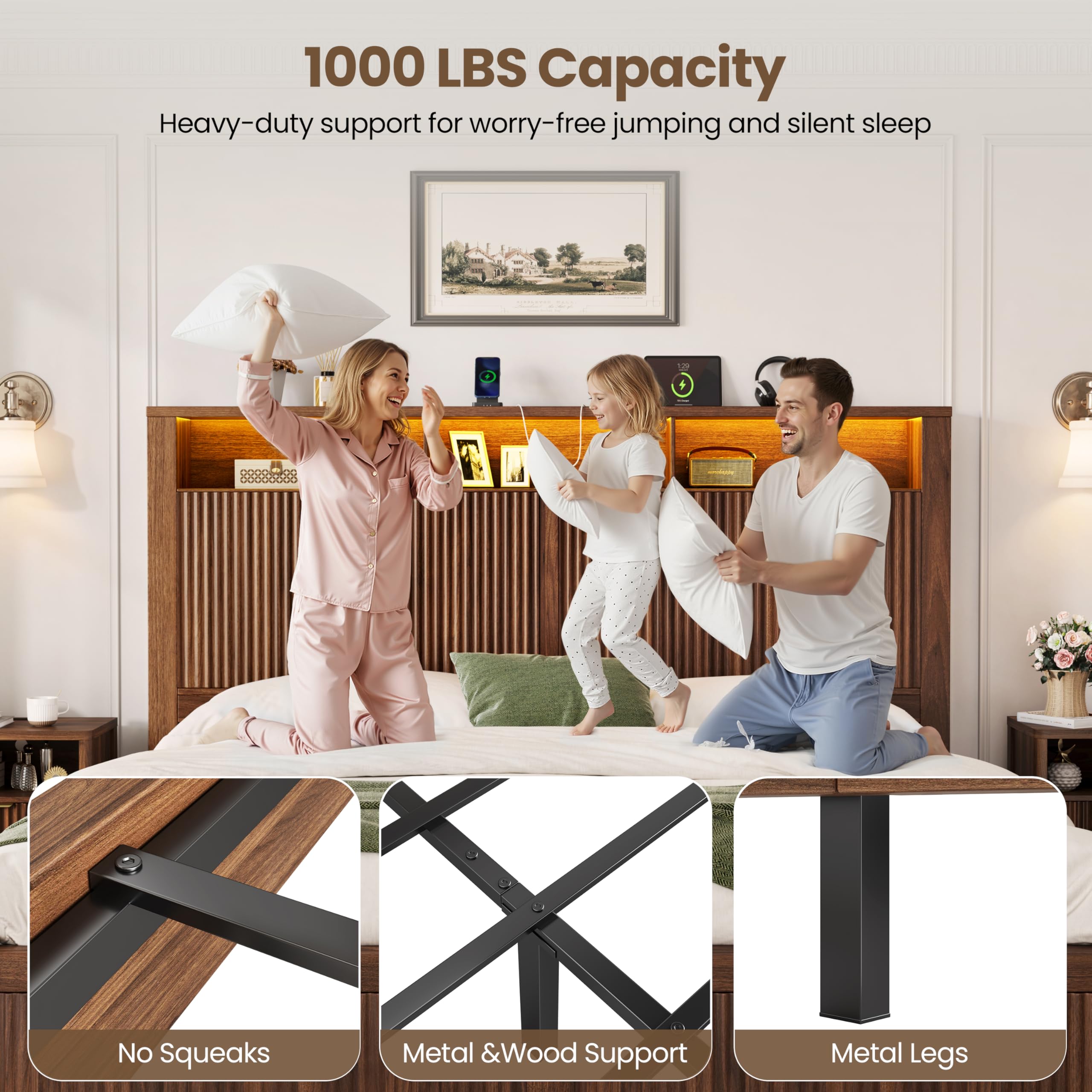 CypBed Queen Size Bed Frame with Headboard and Storage Drawers, Queen Bed Frame with LED Light and Charging Port, Farmhouse Wavy Wood Design, Wood & Metal Platform, Noise-Free, No Box Spring Needed