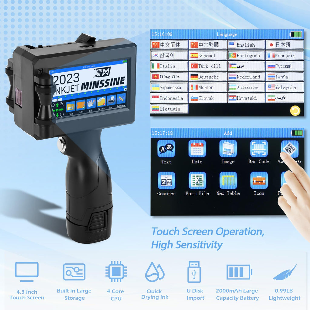 Minssine Handheld Inkjet Printer Gun MS-Z10 with 42ml Quick-Drying Ink Cartridge Portable Handheld Printer for Text/Barcode/Logo/QRCode/Counter/Batch Number/Date Coder(Printing Height: 0.08-0.5Inch)