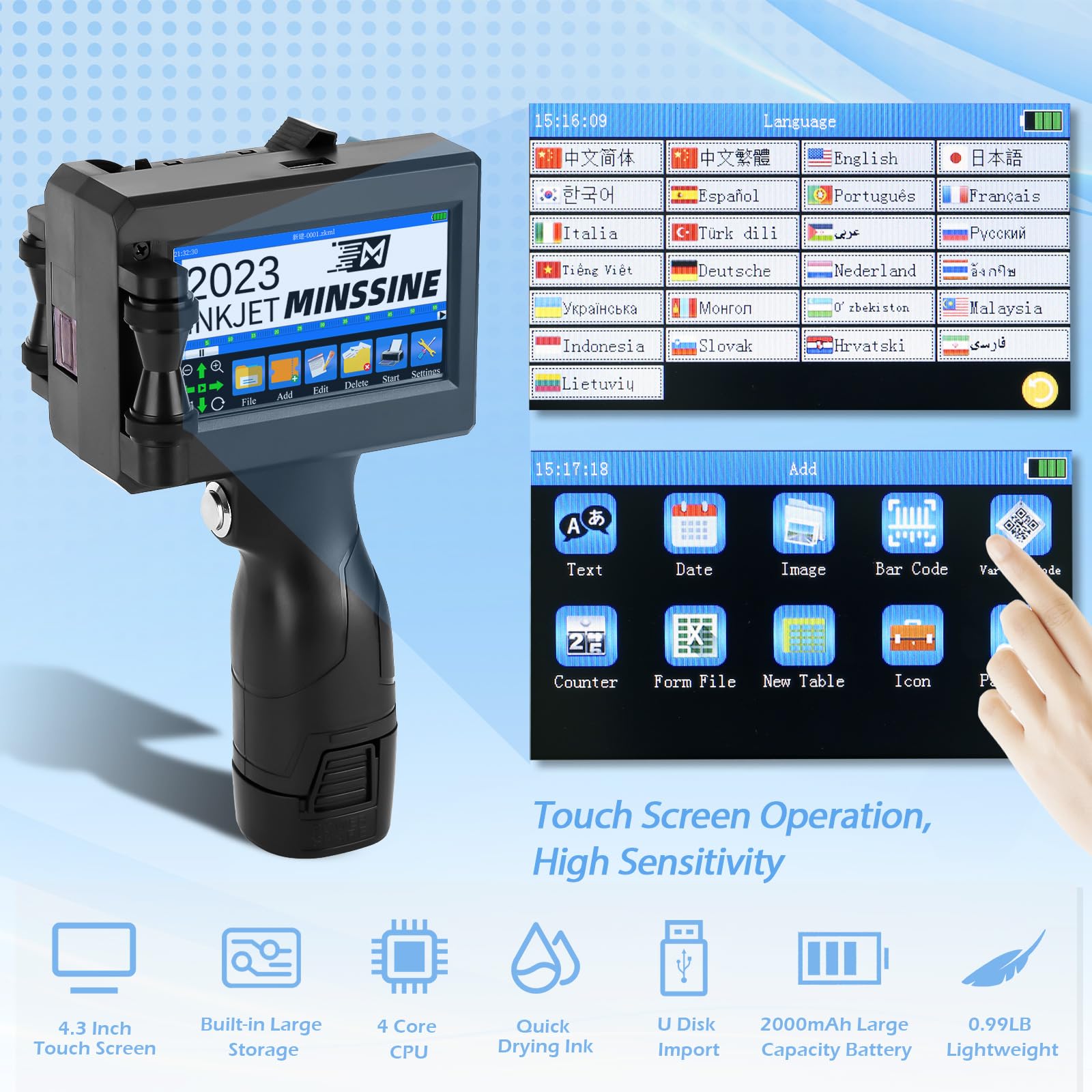 Minssine Handheld Inkjet Printer Gun MS-Z10 with 42ml Quick-Drying Ink Cartridge Portable Handheld Printer for Text/Barcode/Logo/QRCode/Counter/Batch Number/Date Coder(Printing Height: 0.08-0.5Inch)