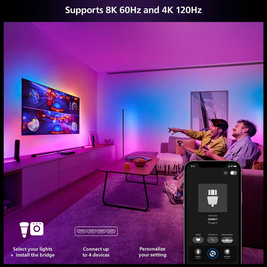 Philips Hue Play HDMI Sync Box 8K, Syncs up to 10 Hue Lights with Video Games, Movies, and Music, Requires Bridge, Supports Dolby Vision HDR10+, Control with App