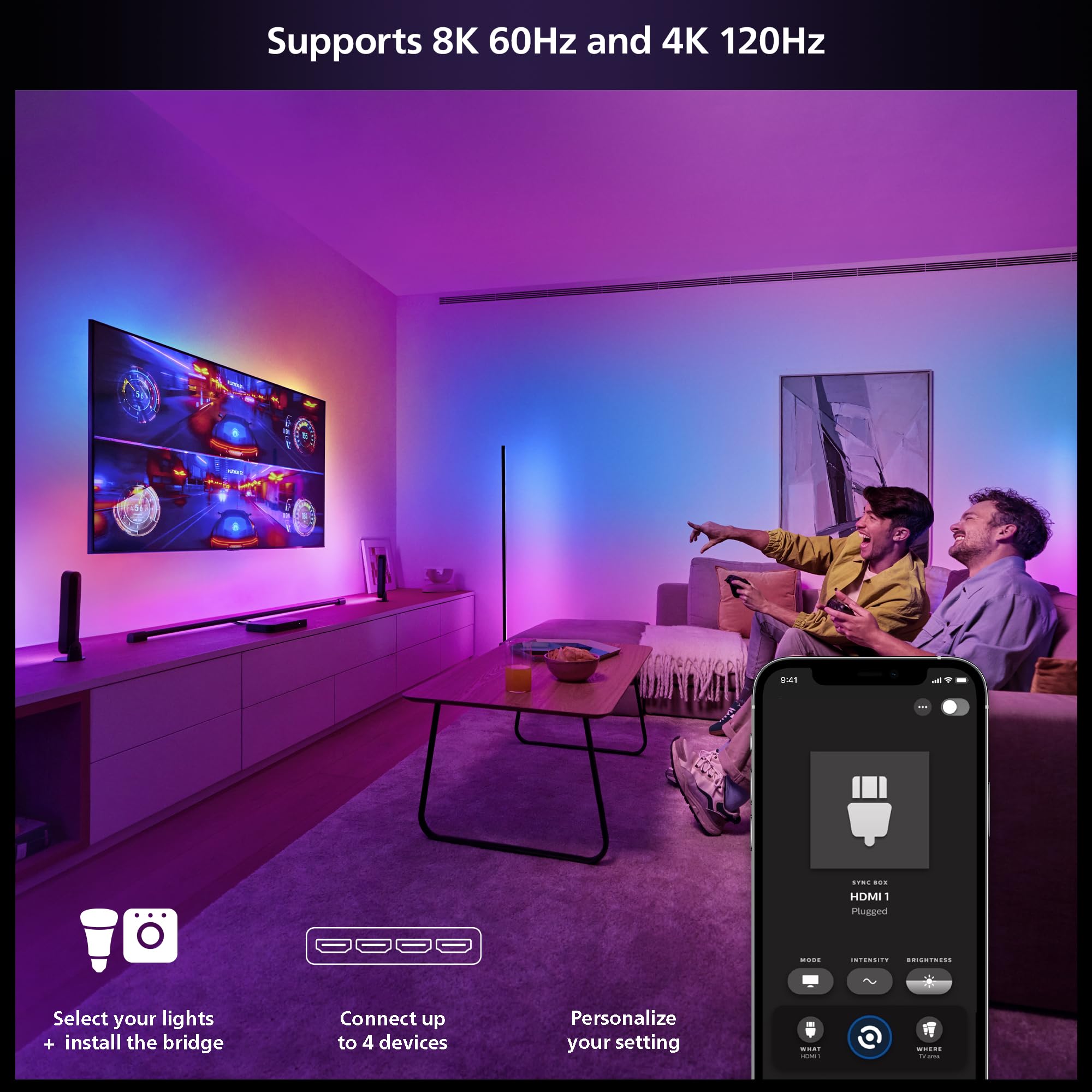 Philips Hue Play HDMI Sync Box 8K, Syncs up to 10 Hue Lights with Video Games, Movies, and Music, Requires Bridge, Supports Dolby Vision HDR10+, Control with App