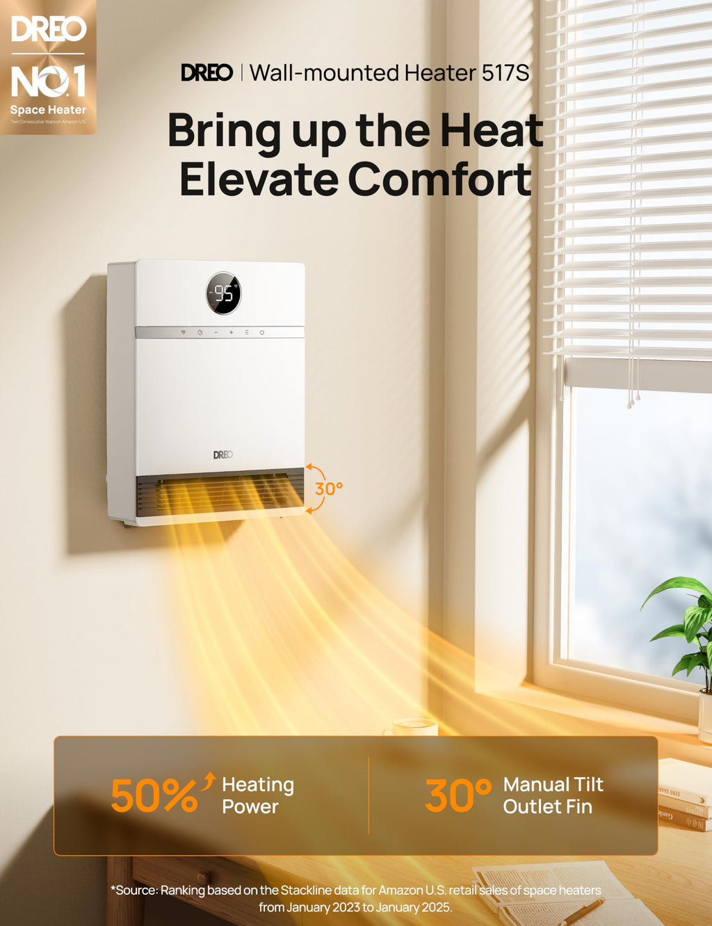 DREO Smart Wall Heater, IP24 Easy-mounted PTC Space Heater for Indoor Use, 30° Oscillation, Adjustable Thermostat, Remote Control, Works with Alexa, 24H Timer, Electric Heater for Bedroom, Office