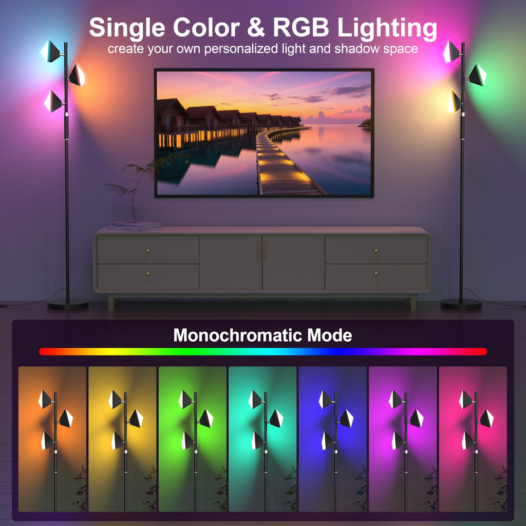 PARTPHONER RGB Tree Floor Lamp for Living Room, Stepless Dimmable Tall Standing Lamp with Remote, Touch Control and 3 Rotatable Light, Bright LED Lights for Bedroom with 4 Color-Changing, Black