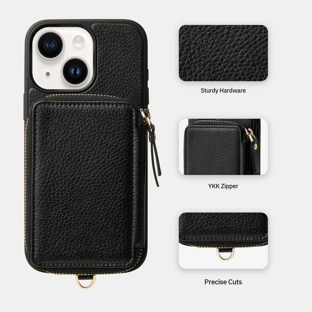 ZVE for iPhone 13 Wallet Case with Wristlet, Zipper Leather Case with RFID Blocking Card Holder Slots Purse, Protective Carrying Cover for iPhone 13 6.1" (2021) - Black