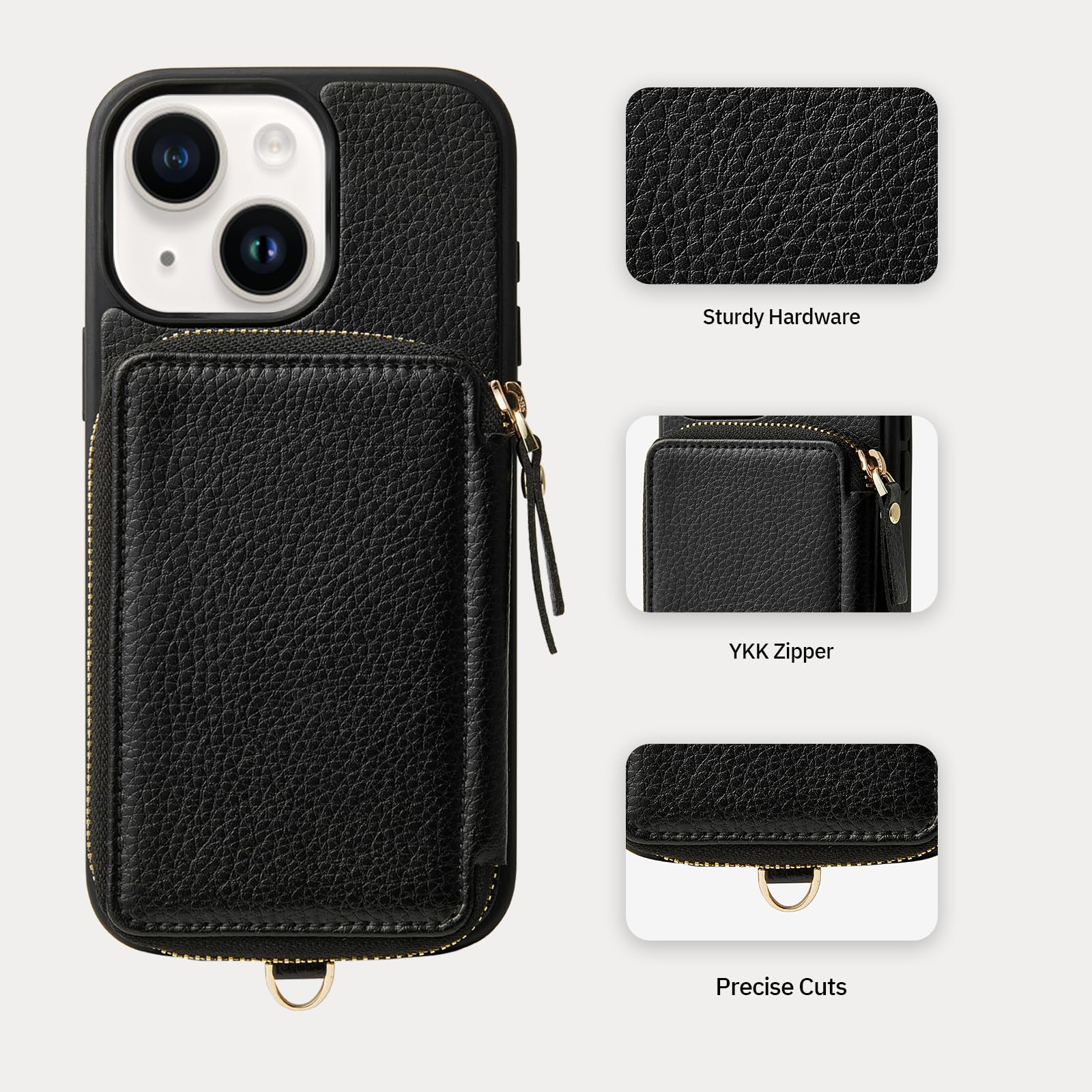 ZVE for iPhone 13 Wallet Case with Wristlet, Zipper Leather Case with RFID Blocking Card Holder Slots Purse, Protective Carrying Cover for iPhone 13 6.1" (2021) - Black