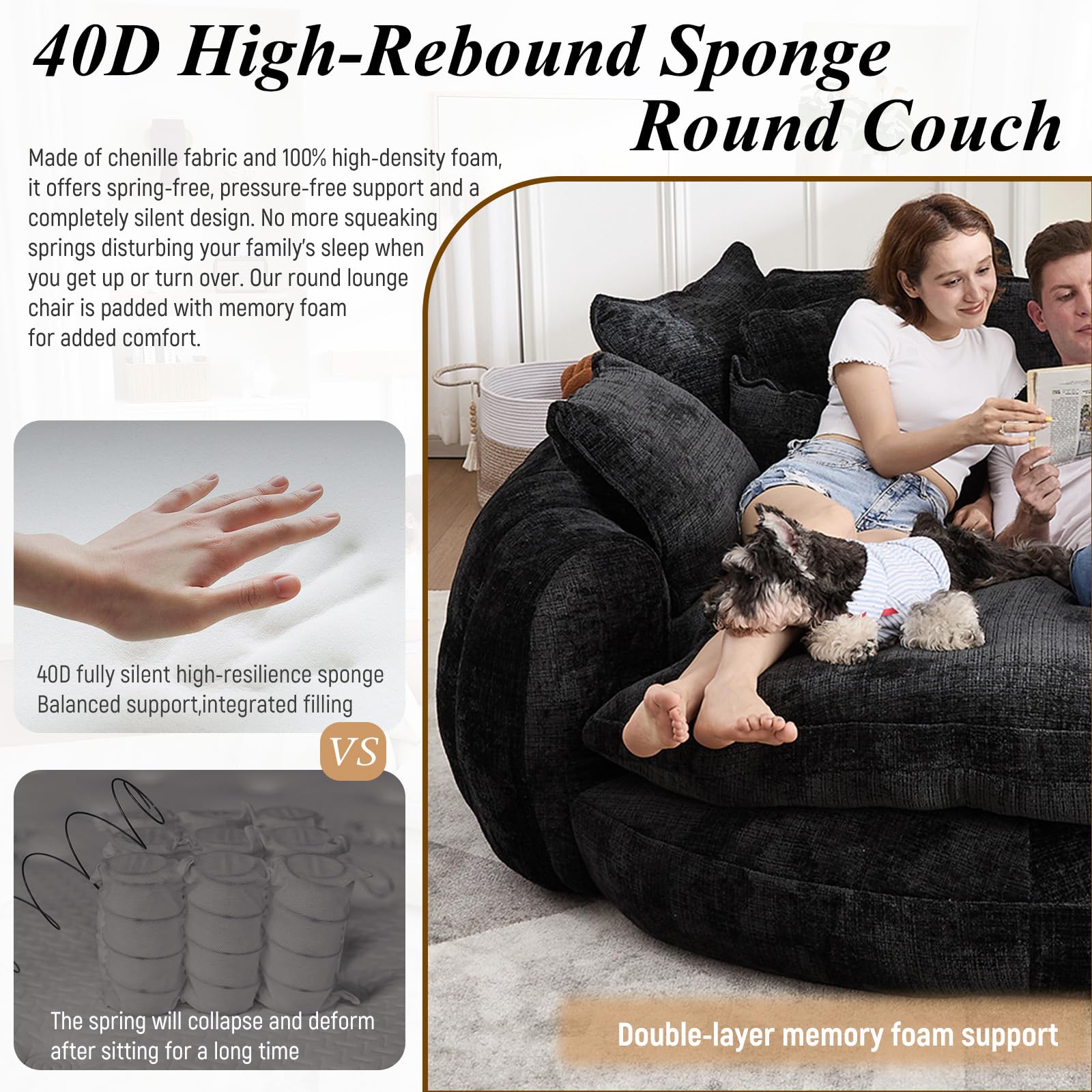 81'' Cloud Couches for Living Room, Comfy Circle Round Couch Bed with 14 Pillows, Upholstered Boneless Couch, Oversized Chaise Lounge Chair Indoor, Extra Wide Round Daybed, Floor Sofa (Black)