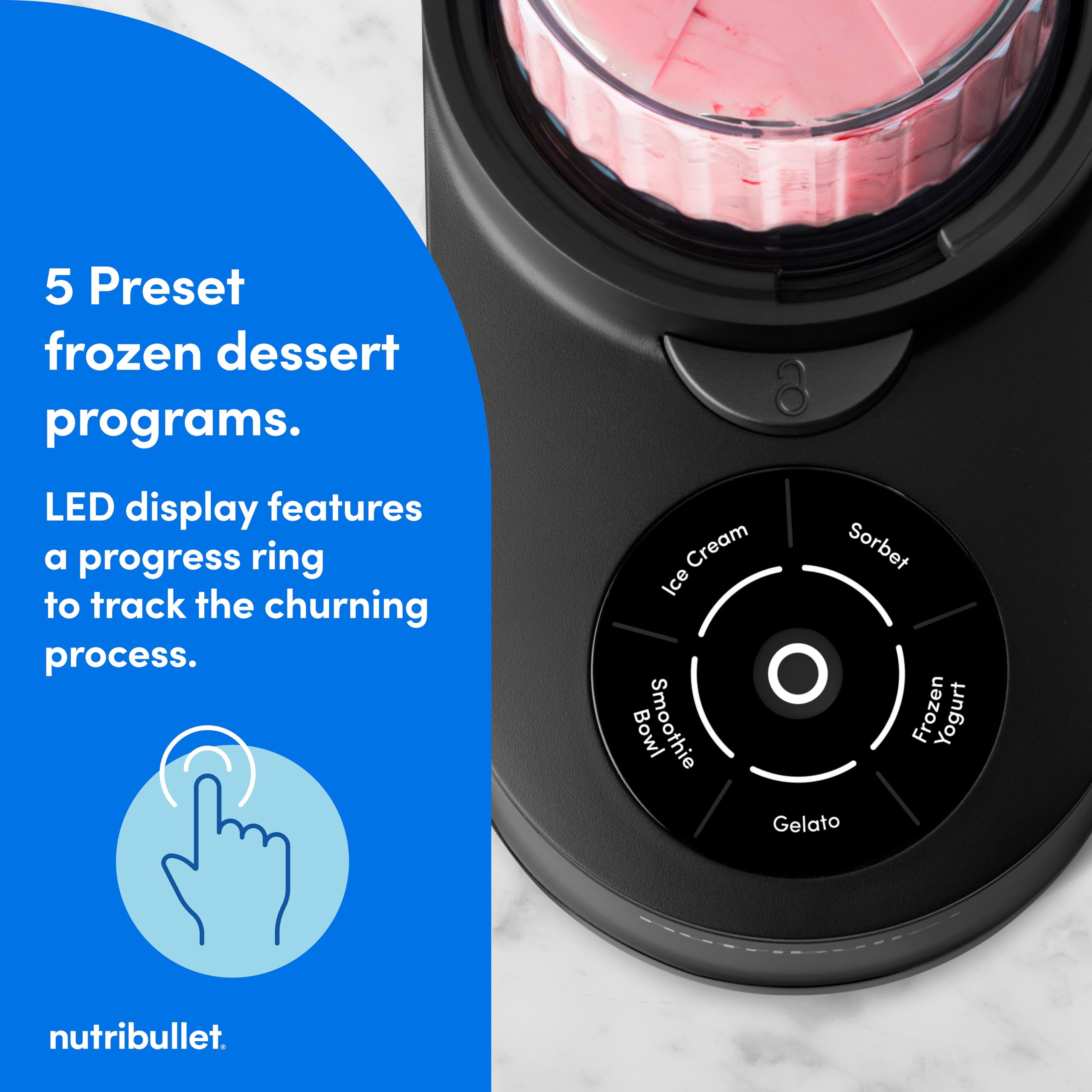 nutribullet Chill Ice Cream Maker, for Gelato, Sorbet, Frozen Yogurt, Smoothie Bowls, Compact Size, (2) Dishwasher Safe 16 oz. Pint Cups with Lids, Black, NBD50100AK