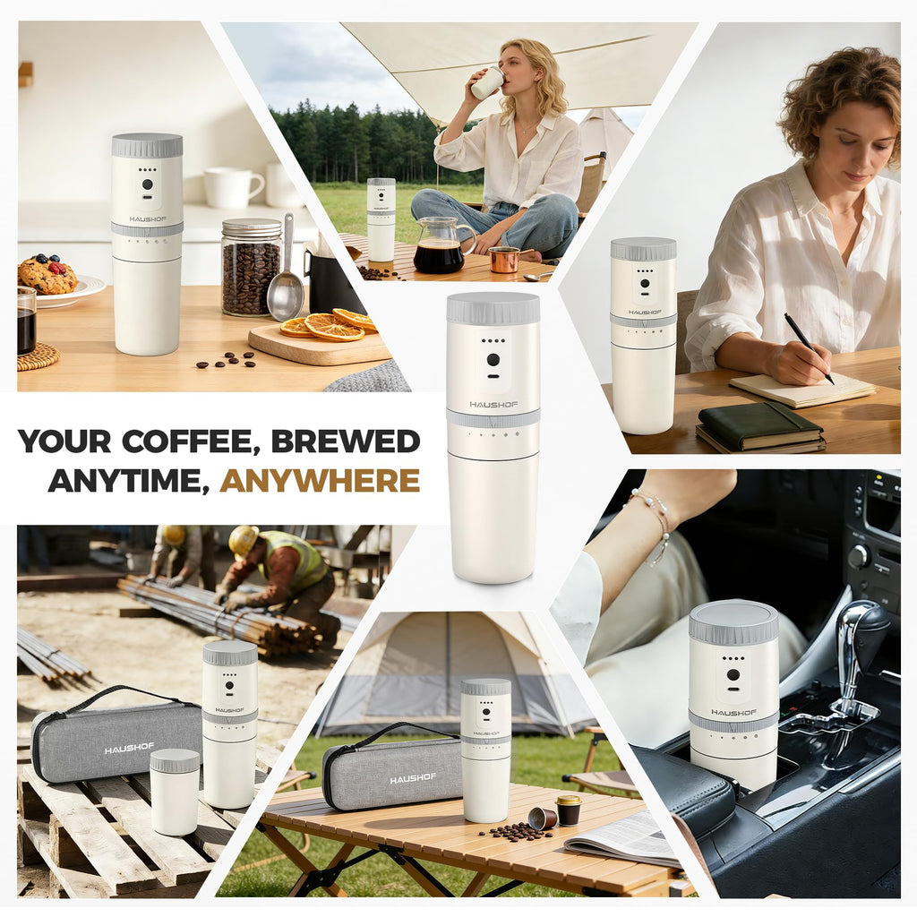 HAUSHOF Portable Coffee Grinder, Camping Coffee Makers, Portable Burr Coffee Grinder and Brewing Kit, Rechargeable, Personal Cordless Coffee Maker for Car, Camping, for Home Use