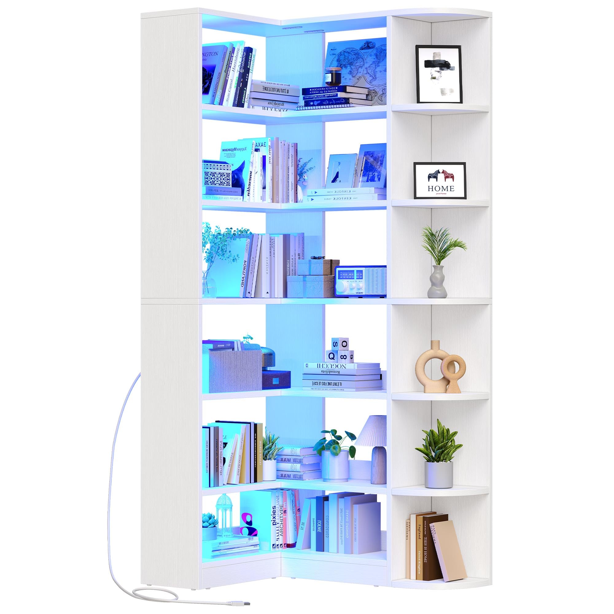 YITAHOME Corner Bookshelf with LED Light, 6 Tier Corner Shelf White Bookshelf L-Shaped Bookcase Storage Display Shelf for Home Office, Living Room, White