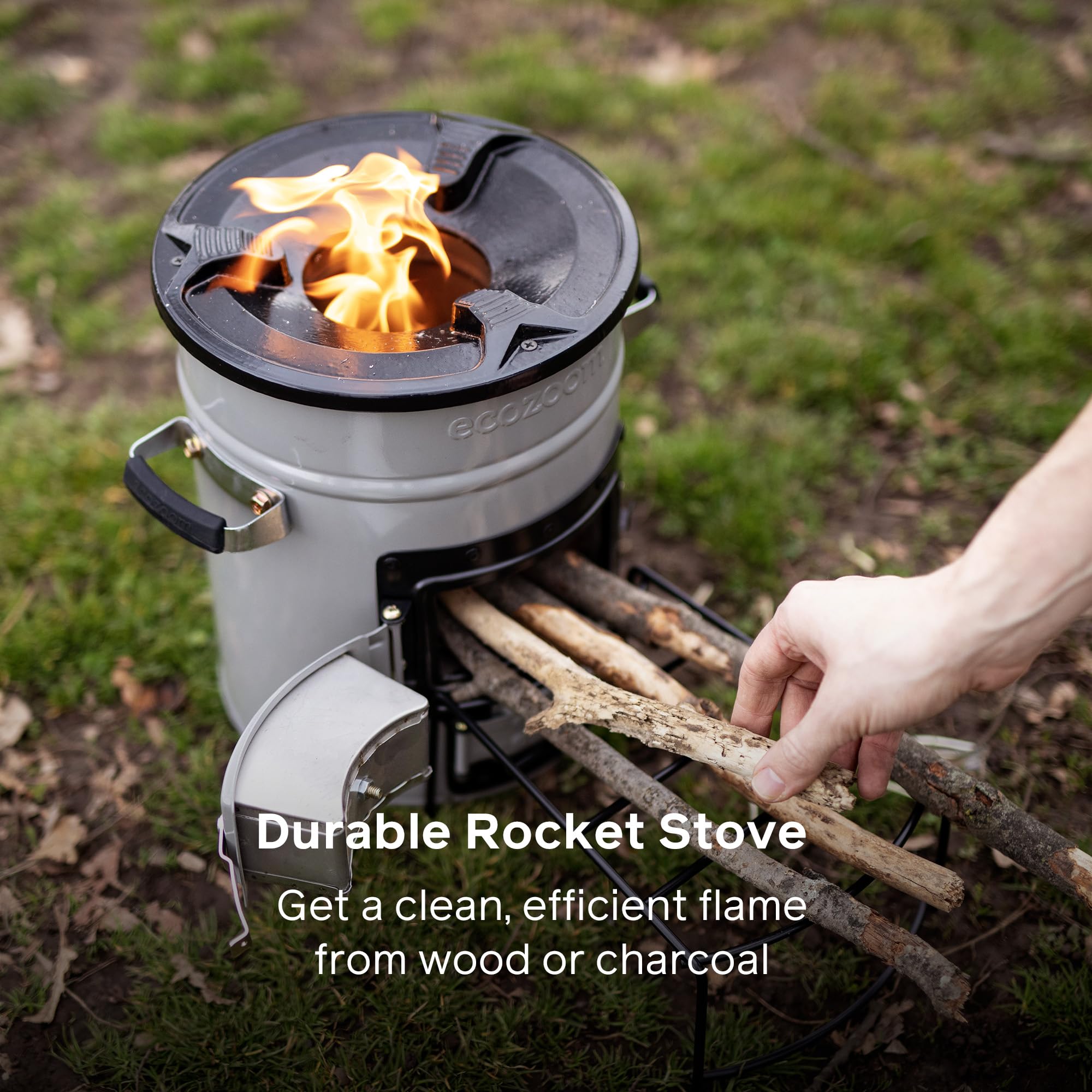 EcoZoom Rocket Stove – Heavy Duty Dual Fuel (Wood & Charcoal) Portable Camping & Emergency Stove, Insulated Body, Refractory Linings, Cast-Iron Cookware Compatible