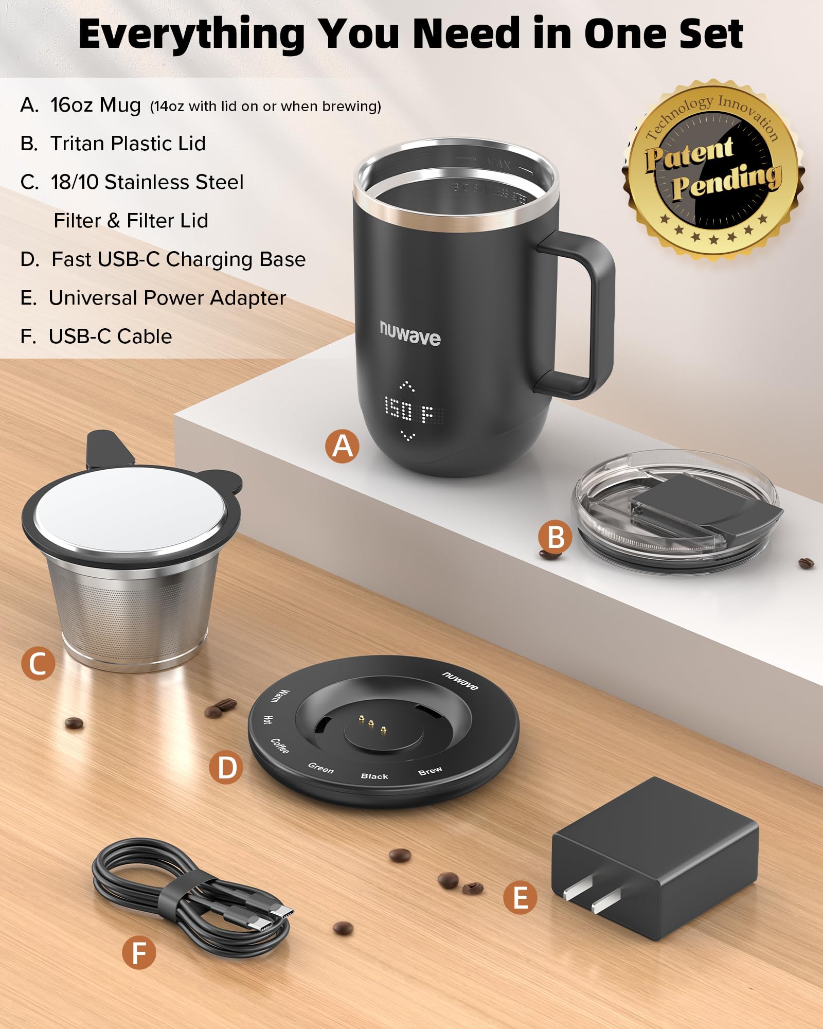 Nuwave Smart Heated Coffee Mug 16oz — Rechargeable with LED Display
