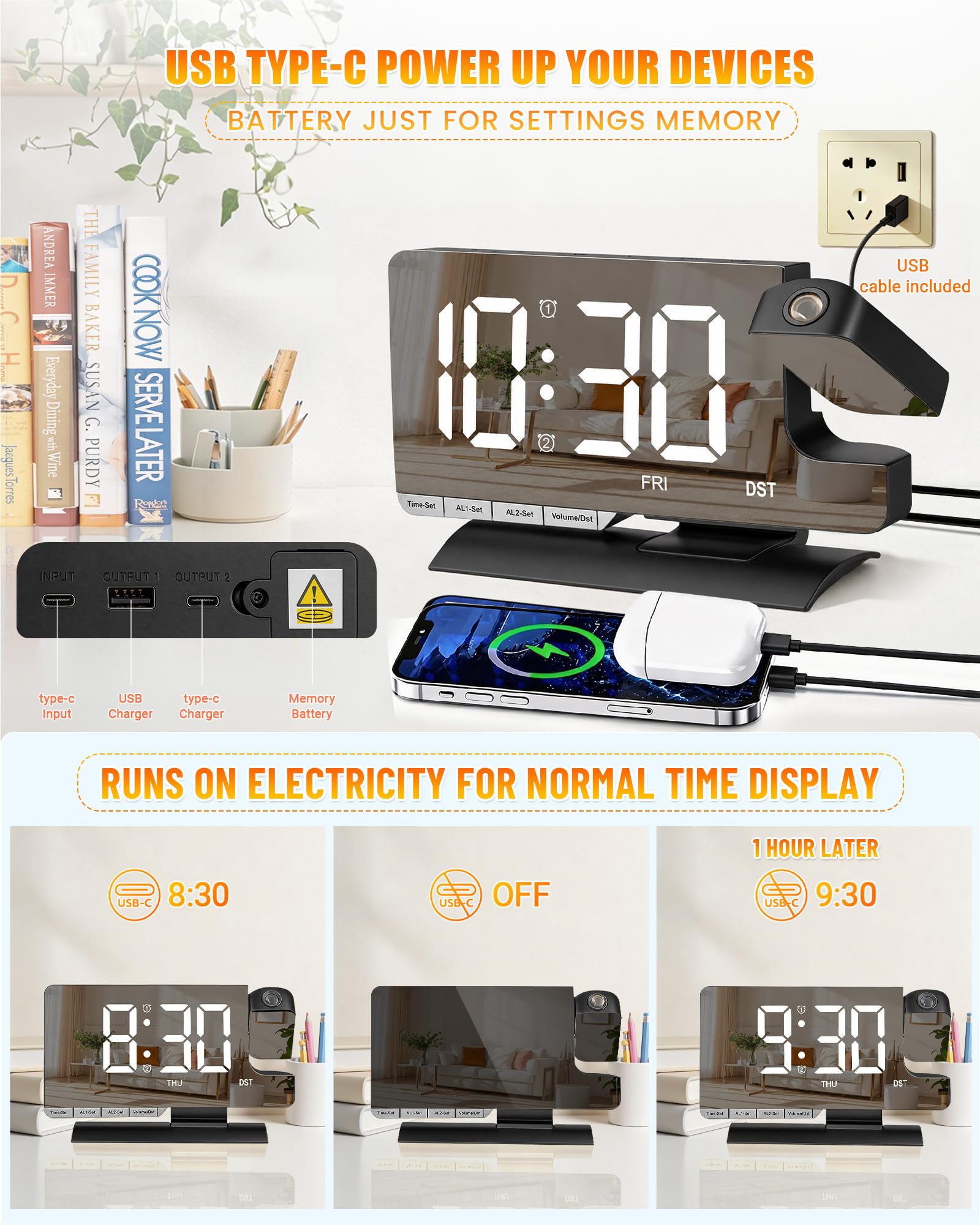 Projection Alarm Clock for Bedroom Ceiling, Digital Mirror Alarm Clock with 180° Rotatable Projector, 7.3" Large LED Display, Dual Alarm, USB & Type-C Charger, Loud Alarm for Heavy Sleepers Black