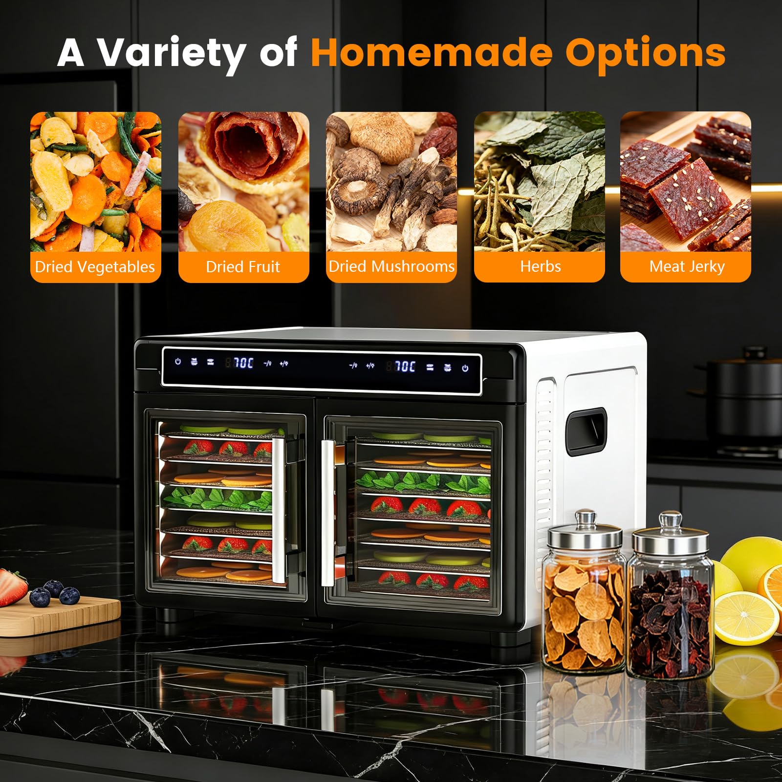 Electactic Food Dehydrator, Dual Chamber Design - Independent Temp Control - Flavor Separation - Keep Warm Mode, 176℉ Meat Dehydrator for Jerky, Fruit, Vegetables, Herbs - 16 Stainless Steel Trays