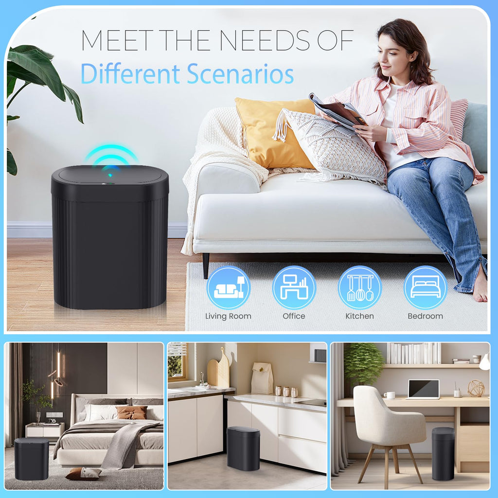 jinligogo 3 Pack 5 Gallon Bathroom Trash Can with Lid, Automatic Motion Sensor Black Trash Can, Touchless Slim Waterproof Garbage Bin for Kitchen, Bedroom, Office, and Bathroom