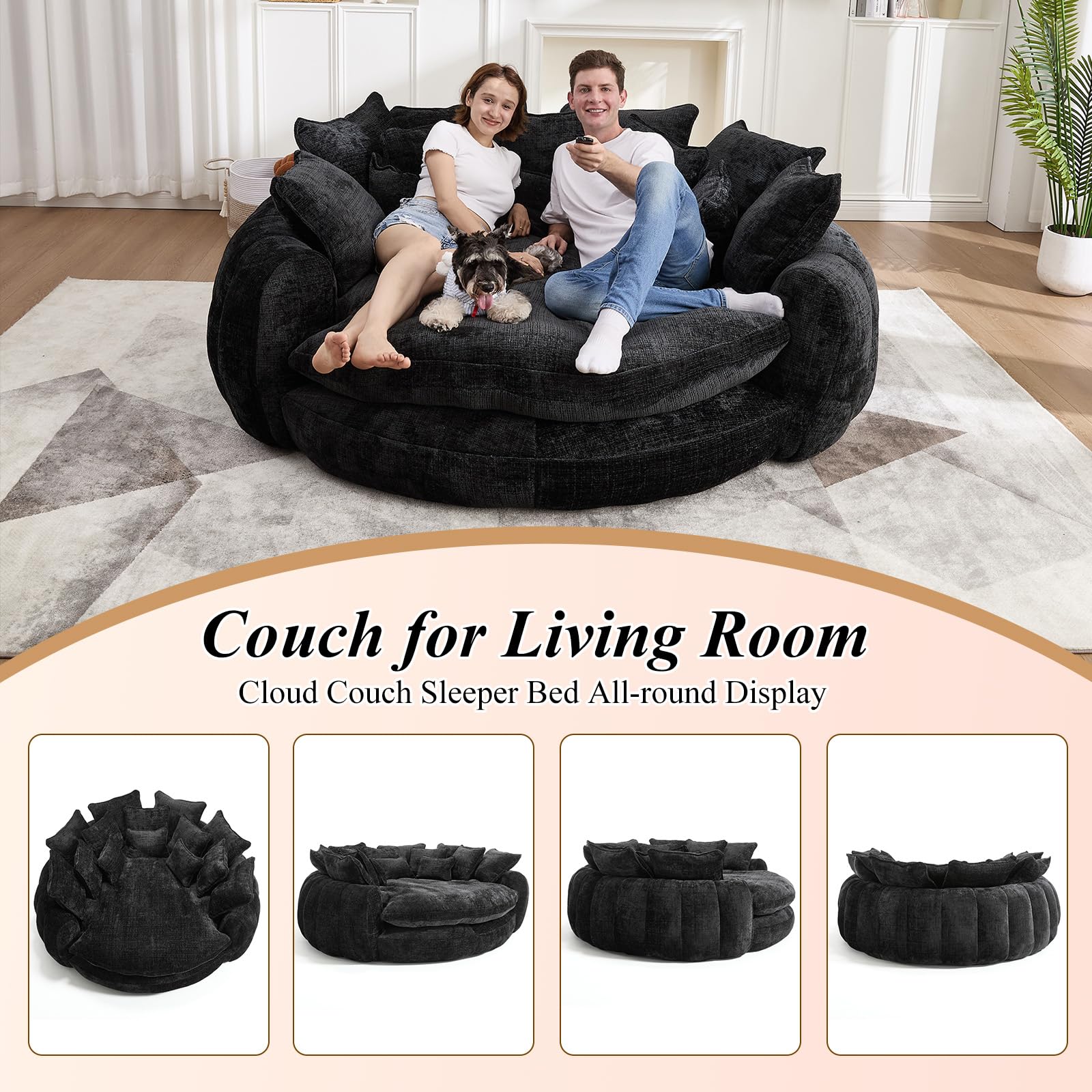 81'' Cloud Couches for Living Room, Comfy Circle Round Couch Bed with 14 Pillows, Upholstered Boneless Couch, Oversized Chaise Lounge Chair Indoor, Extra Wide Round Daybed, Floor Sofa (Black)
