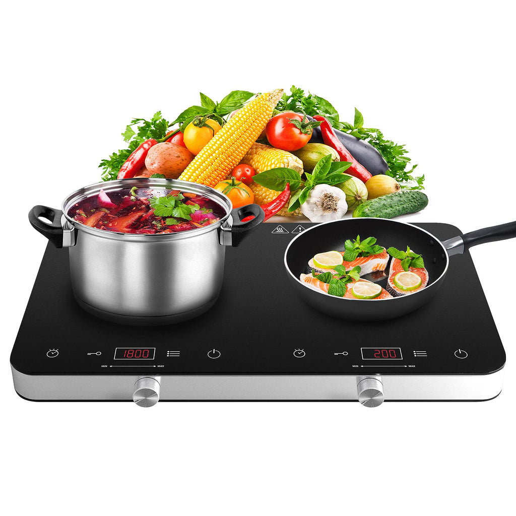 COOKTRON Double Induction Cooktop Burner, 1800w 2 burner Induction Cooker Cooktop, 10 Temperature 9 Power Settings Portable Electric Countertop Burner Touch Stove with Child Safety Lock & Timer