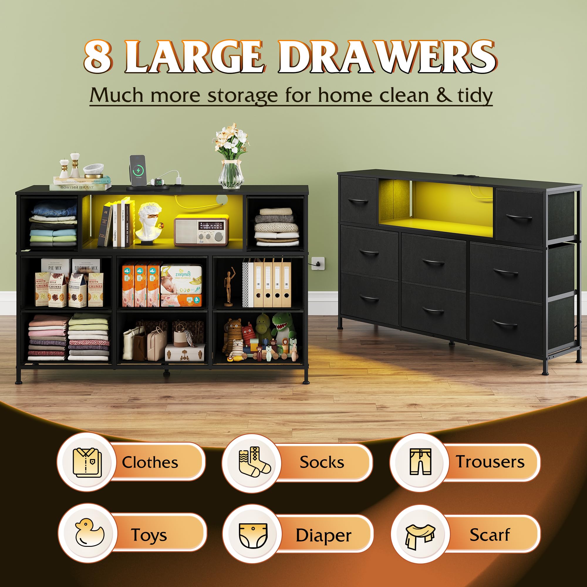 WLIVE Black Dresser TV Stand for 45, 50, 55 inch TV, Entertainment Center with LED Lights & Charging Station, Chest of Drawers with 8 Fabric Drawers and Open Shelves for Living Room, Hallway, Wood Top