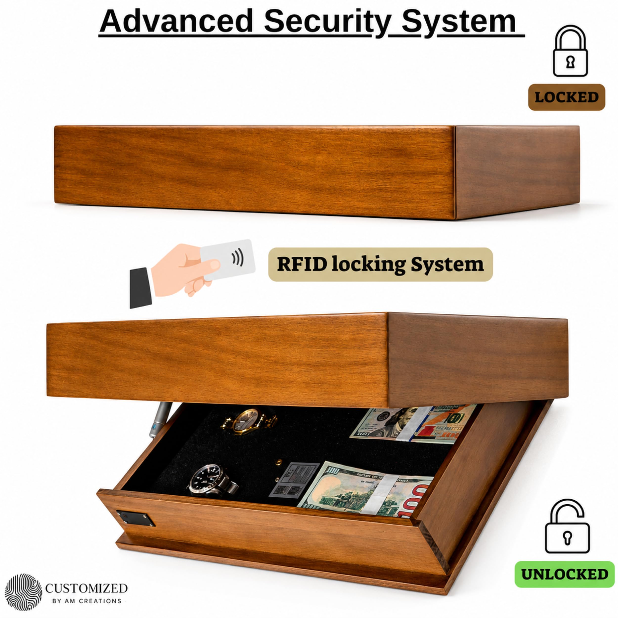 Concealment Shelf with RFID Lock - Concealed Gun Floating Shelf with Hidden Storage Compartment, Wooden Shelves for Wall Mount Display with Secret Drawer, Weapon Hiding Furniture Safe by AM Creations