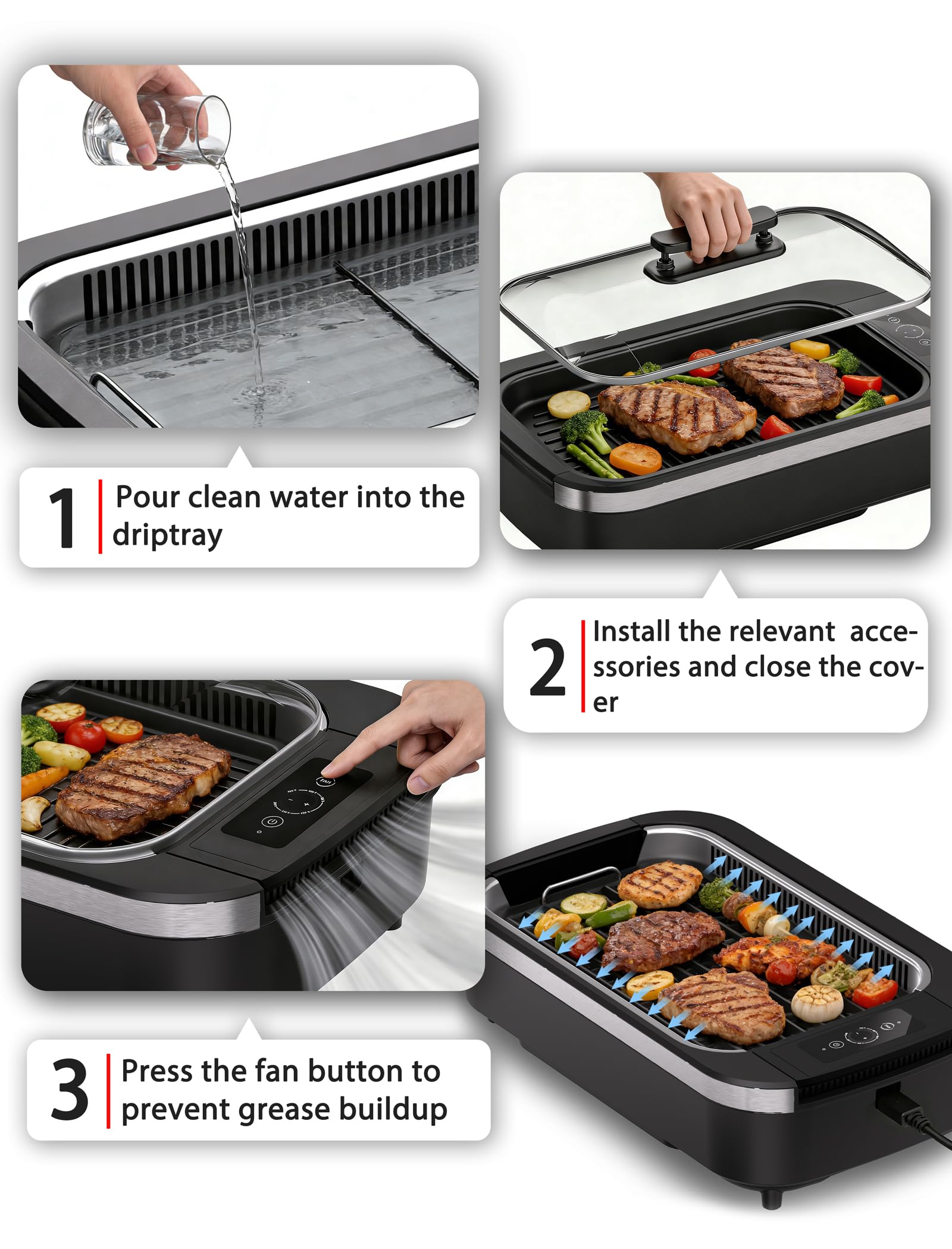 indoor Smokeless Grill, COWSAR indoor Grill, 1500W Electric Grill with Tempered Glass Lid & Drip Tray, Portable Non-Stick Korean BBQ Grill, 6-Level Control, 90 Min Auto, Dishwasher Safe