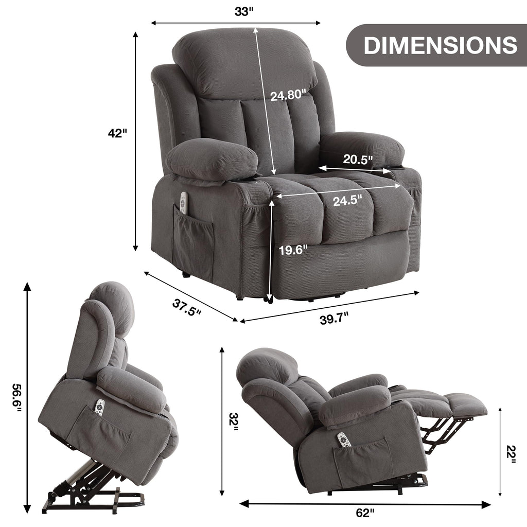 BOSMILLER Power Lift Recliner Chair for Elderly with Vibration Massage and Lumbar Heating Electric Oversized Single Sofa with Cup Holder and USB Charge Port for Living Room