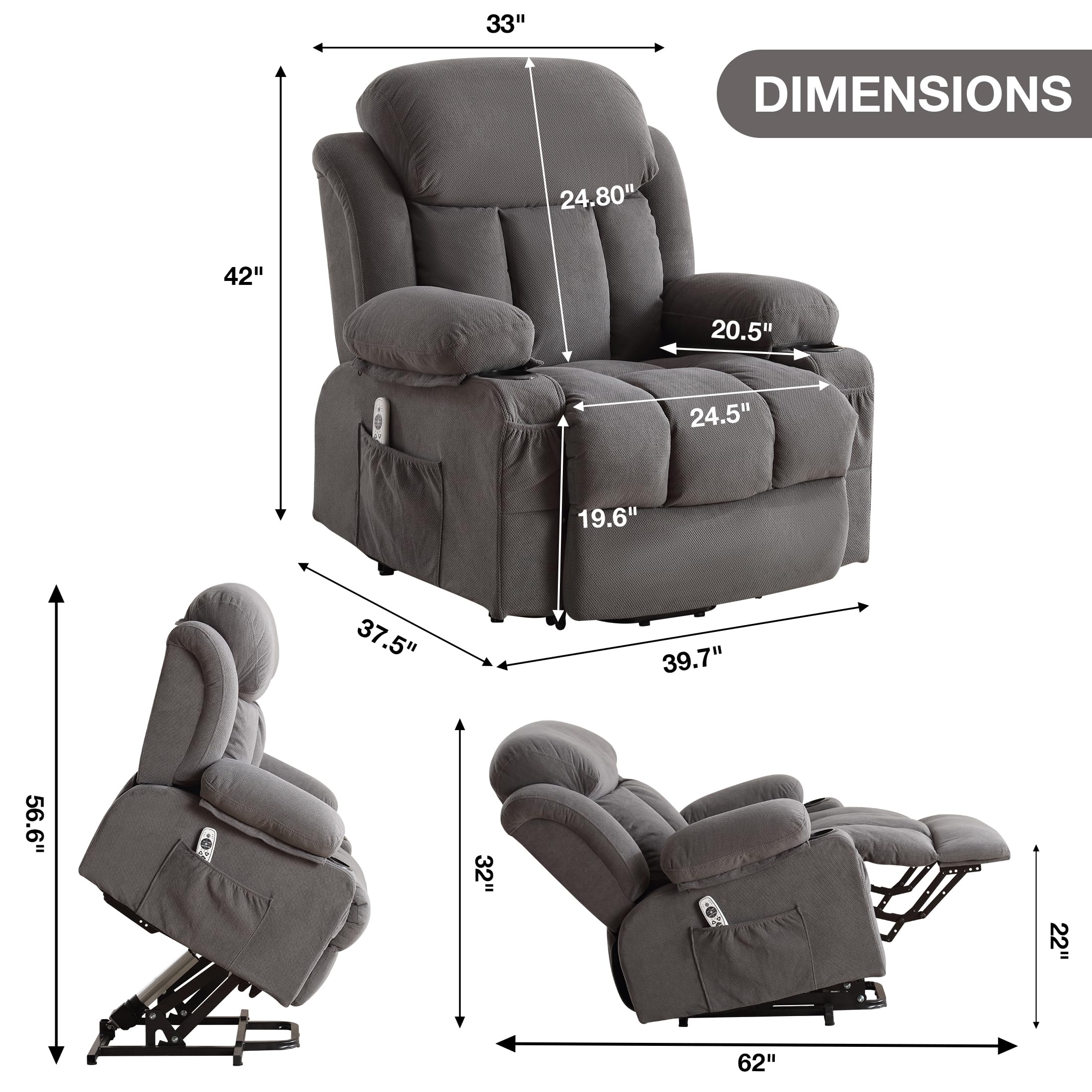 BOSMILLER Power Lift Recliner Chair for Elderly with Vibration Massage and Lumbar Heating Electric Oversized Single Sofa with Cup Holder and USB Charge Port for Living Room