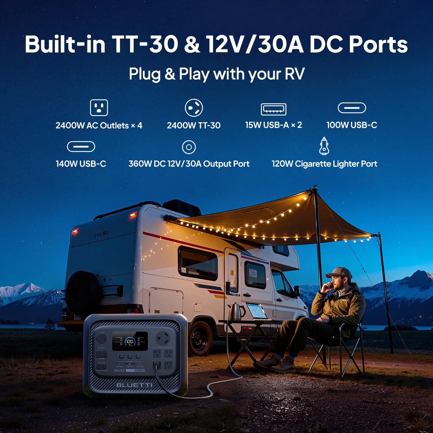 BLUETTI Elite 300 Portable Power Station, 3014Wh LiFePO4 Battery Backup for Home Power Outage, 2400W Solar Generator (4800W Surge), 3kWh Compact Home Backup & RV Power with TT-30 RV Port & 12V/30A DC