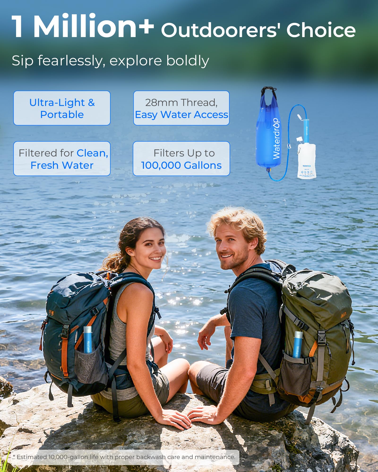 Waterdrop Gravity Water Filter Straw, Camping Water Filtration System, Water Purifier Survival for Travel, Backpacking and Emergency Preparedness, 1.5 gal Bag, 5 Stage Filtration, Pack of 1
