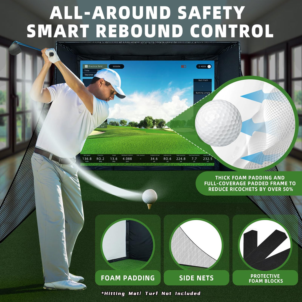 Golf Simulator Enclosure Kit with Premium HD Impact Screen, Full Safety Padding & Blackout Curtain, Home Golf Sim Setup Compatible with Launch Monitors, Indoor Cage Net Golfing Accessories (10 x 8 ft)
