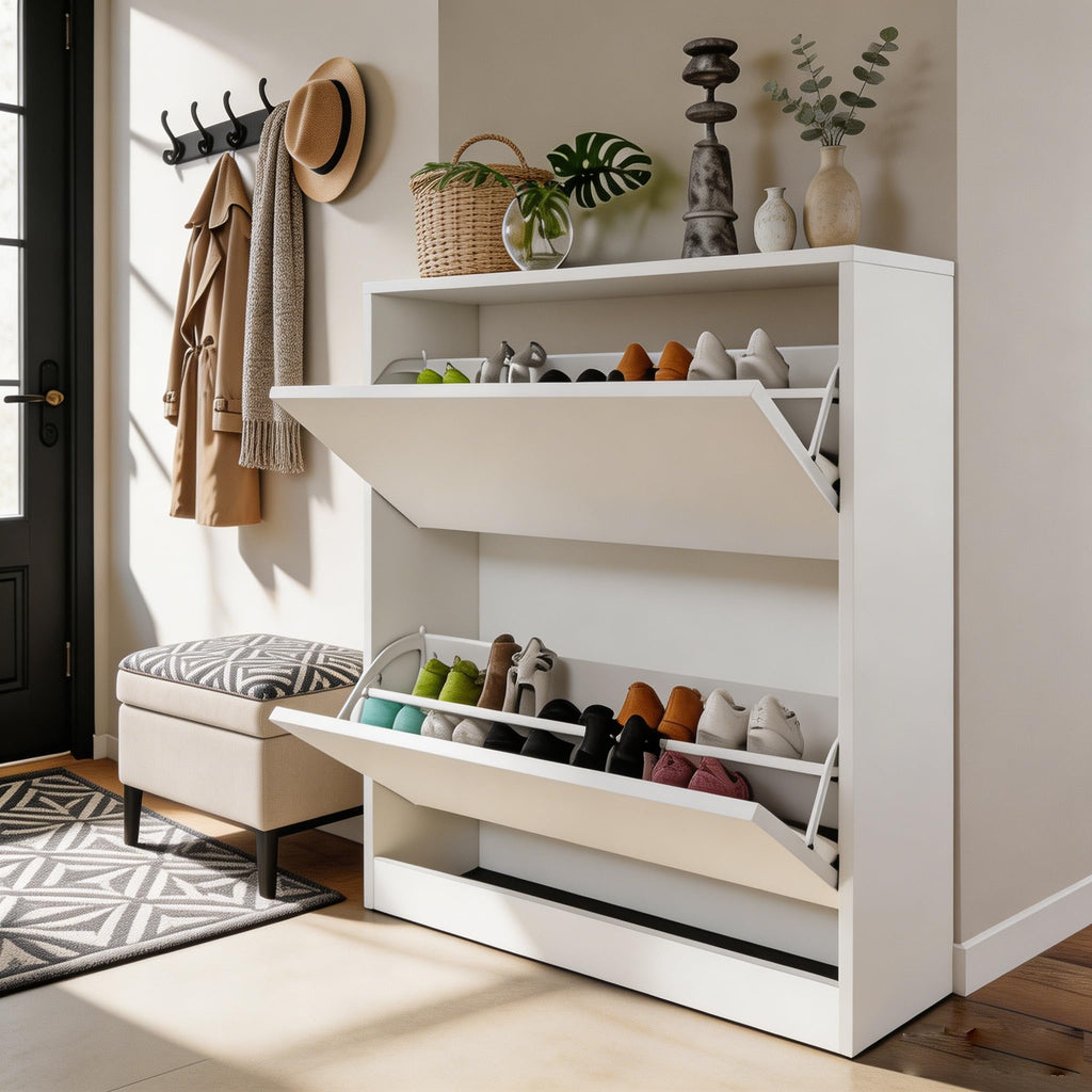 Ceredeme Shoe Cabinet with 2 Flip Drawers, Shoe Rack Organizer, Storage for Entryway with Adjustable Shelf, Hidden Cabinet for Hallway, Living Room, White 33" H x 28.7" W x 10.23" D