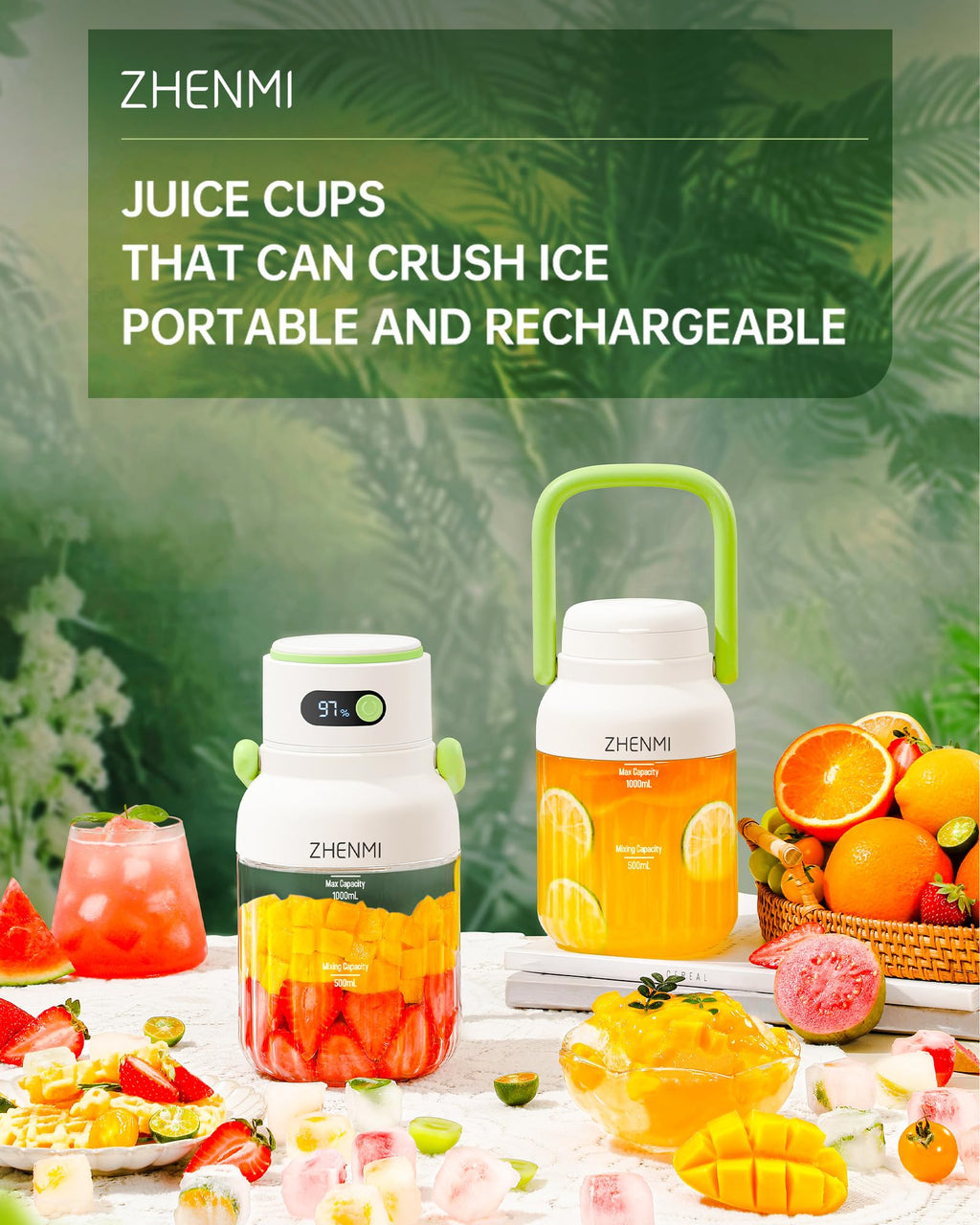 ZHENMI Portable Blender, Personal Blender for Smoothies & Shakes, Cordless, 33oz BPA-Free Vessel, 18000RPM Motor, Leakproof Lid with Sip Spout, USB-C Rechargeable, Easy-to-Clean Parts (Green)