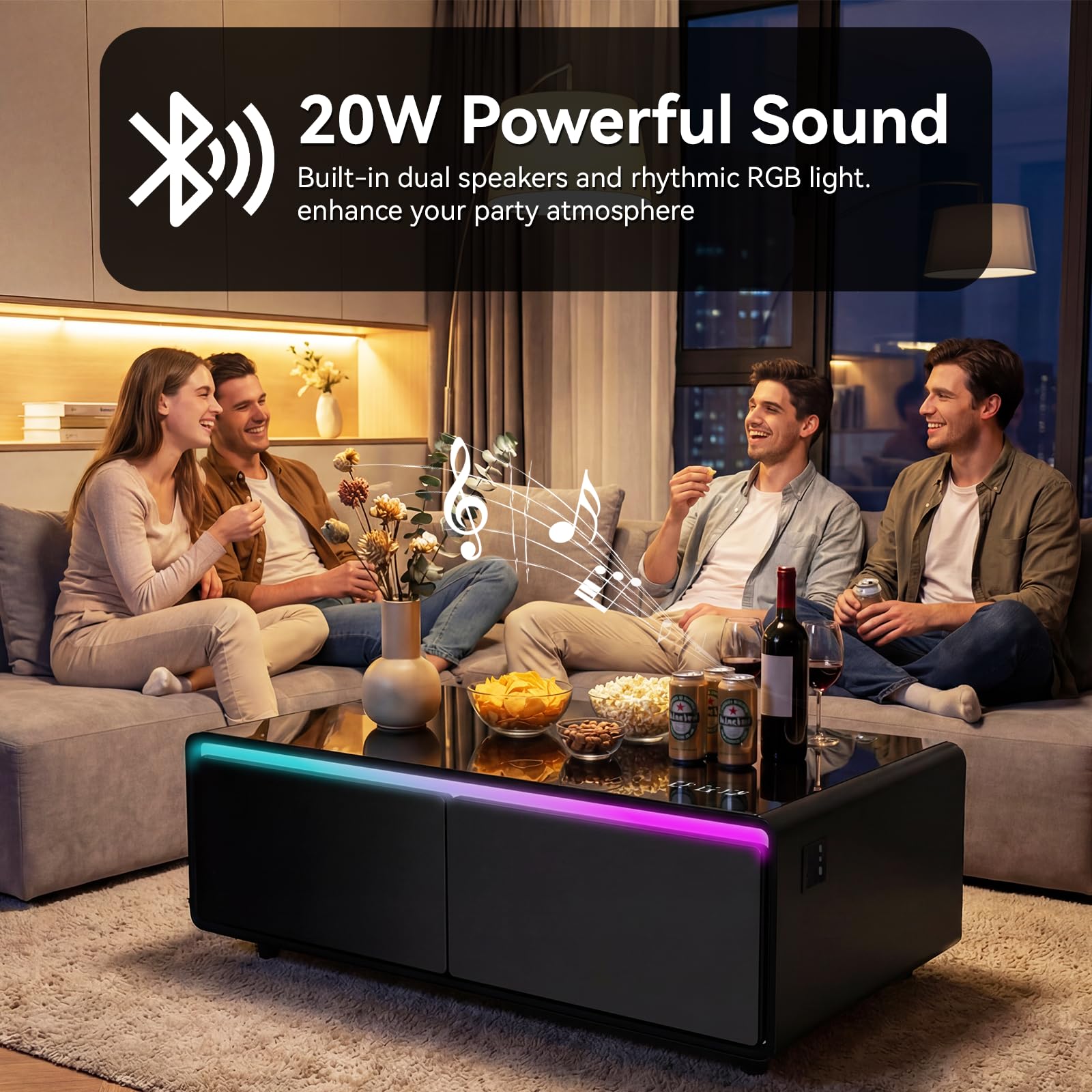 LIVTAB Smart Coffee Table, 27.8" D x 51" W x 18.1" H, Living Room Table with Built in Fridge and Speakers, Smart Table with 15W Wireless Charging, USB Chargers and 110V Outlets (Black)