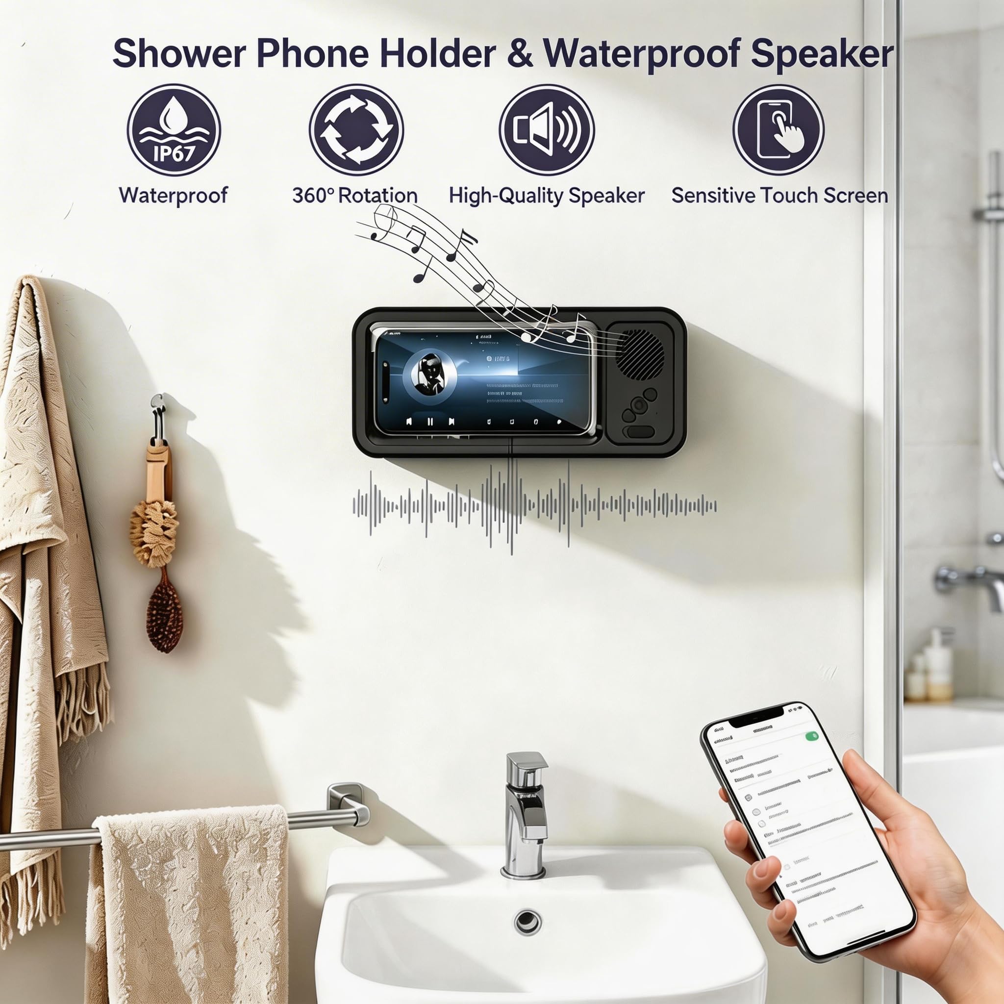 Enfriliv Waterproof Phone Holder with Speaker, Shower Phone Holder Waterproof, Shower Phones Holder with Wireless Bluetooth Speaker Aqua with 360° Rotation Ipx4 Shower Play (Black)