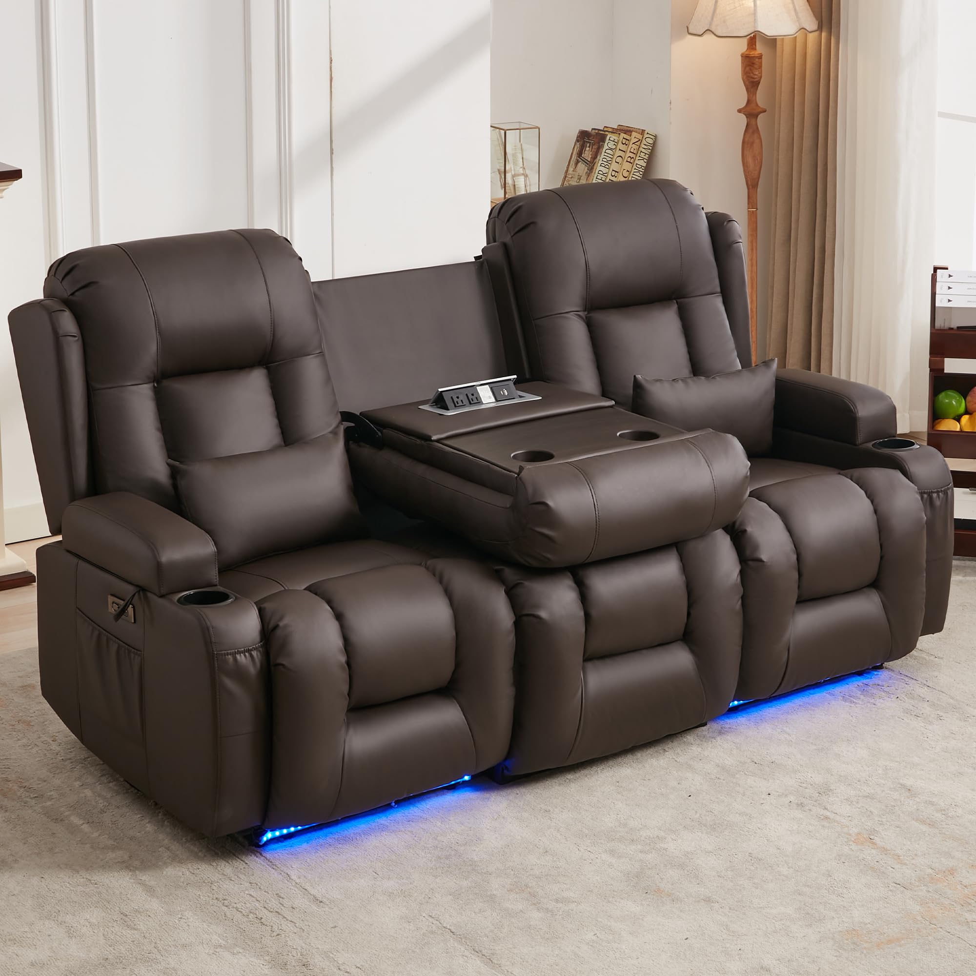 URRED Power Loveseat Recliner Sofa with Massage and Heat, Wall Hugger Reclining Loveseat with Console, RV Couch Home Theater Seating with LED Lights for Living Room (Dark Brown, 76.8" - 3 Seats)