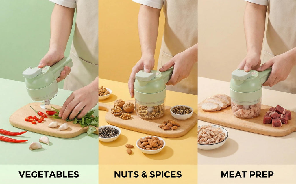 Multi functional electric vegetable slicers，4-in-1vegetable cutter, garlic chopper mini, garlic food processor, electric wireless food slicer