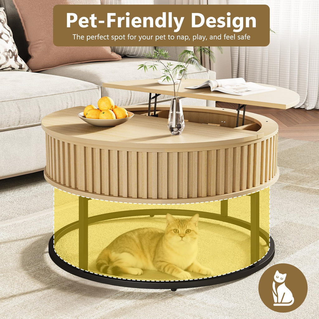 Curlaky Round Coffee Table with Lift Top - Fluted Wood Center Coffee Tables for Living Room, Lifting Up for Dining, Large Hidden Circle Storage Compartment for Small Spaces, Mid Century Modern