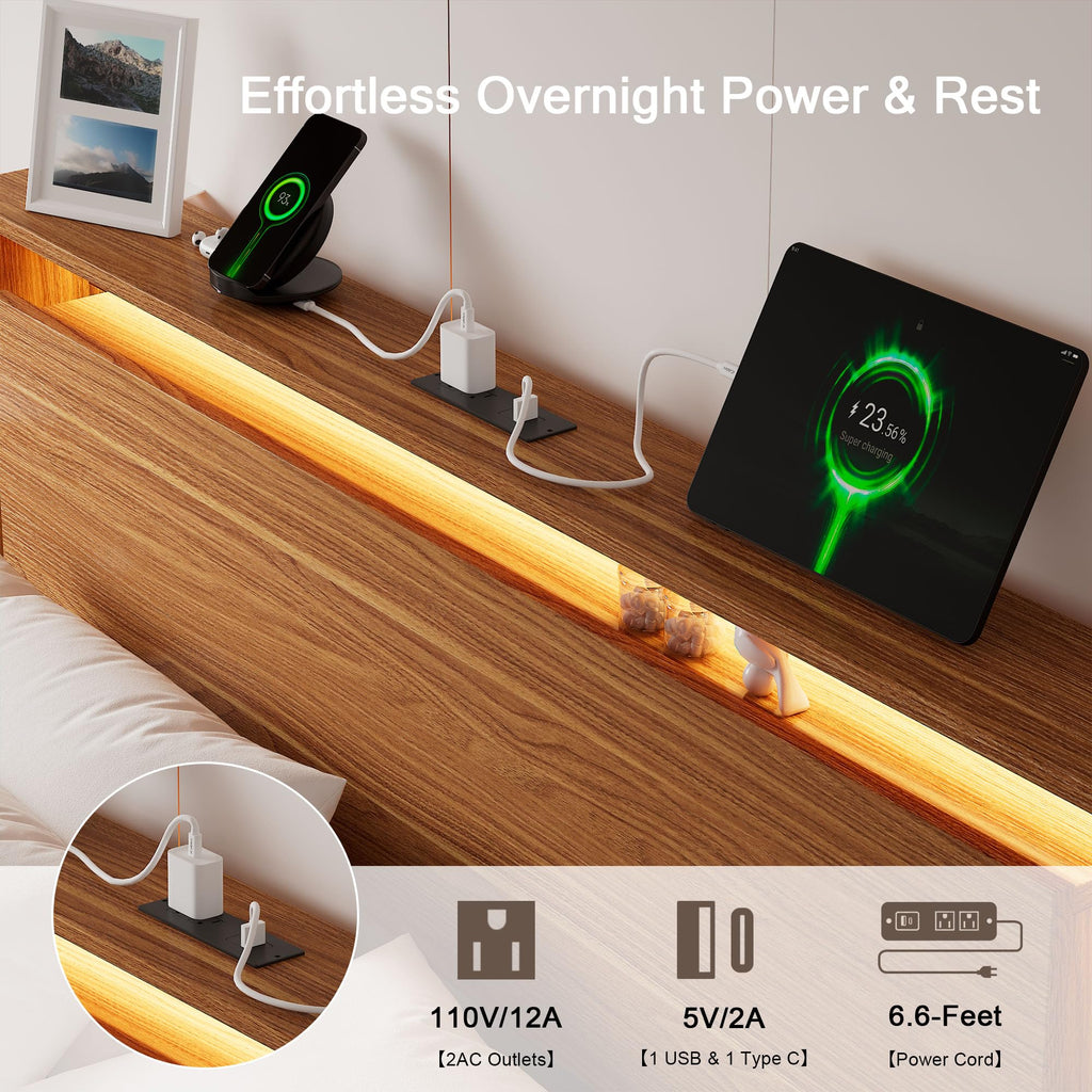 Einhomn Bed Frame Queen Size with LED Lights & Charging Station – Kids Wood Floating Queen Bed Frame with Storage Headboard, Adhesive Slats, Kick-Free & Noise-Free Design, Easy Assembly, Walnut