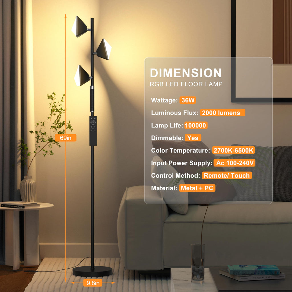 PARTPHONER RGB Tree Floor Lamp for Living Room, Stepless Dimmable Tall Standing Lamp with Remote, Touch Control and 3 Rotatable Light, Bright LED Lights for Bedroom with 4 Color-Changing, Black