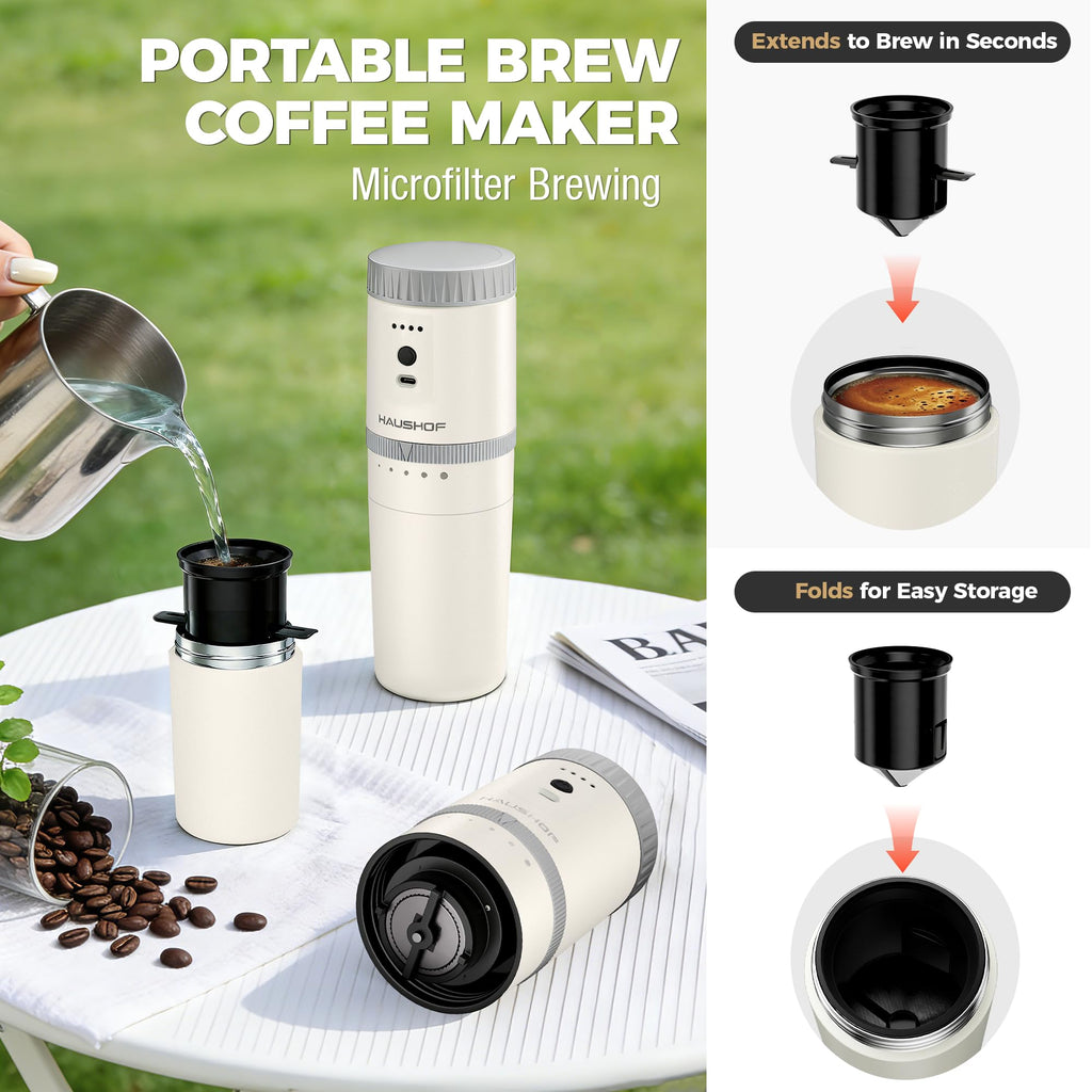 HAUSHOF Portable Coffee Grinder, Camping Coffee Makers, Portable Burr Coffee Grinder and Brewing Kit, Rechargeable, Personal Cordless Coffee Maker for Car, Camping, for Home Use