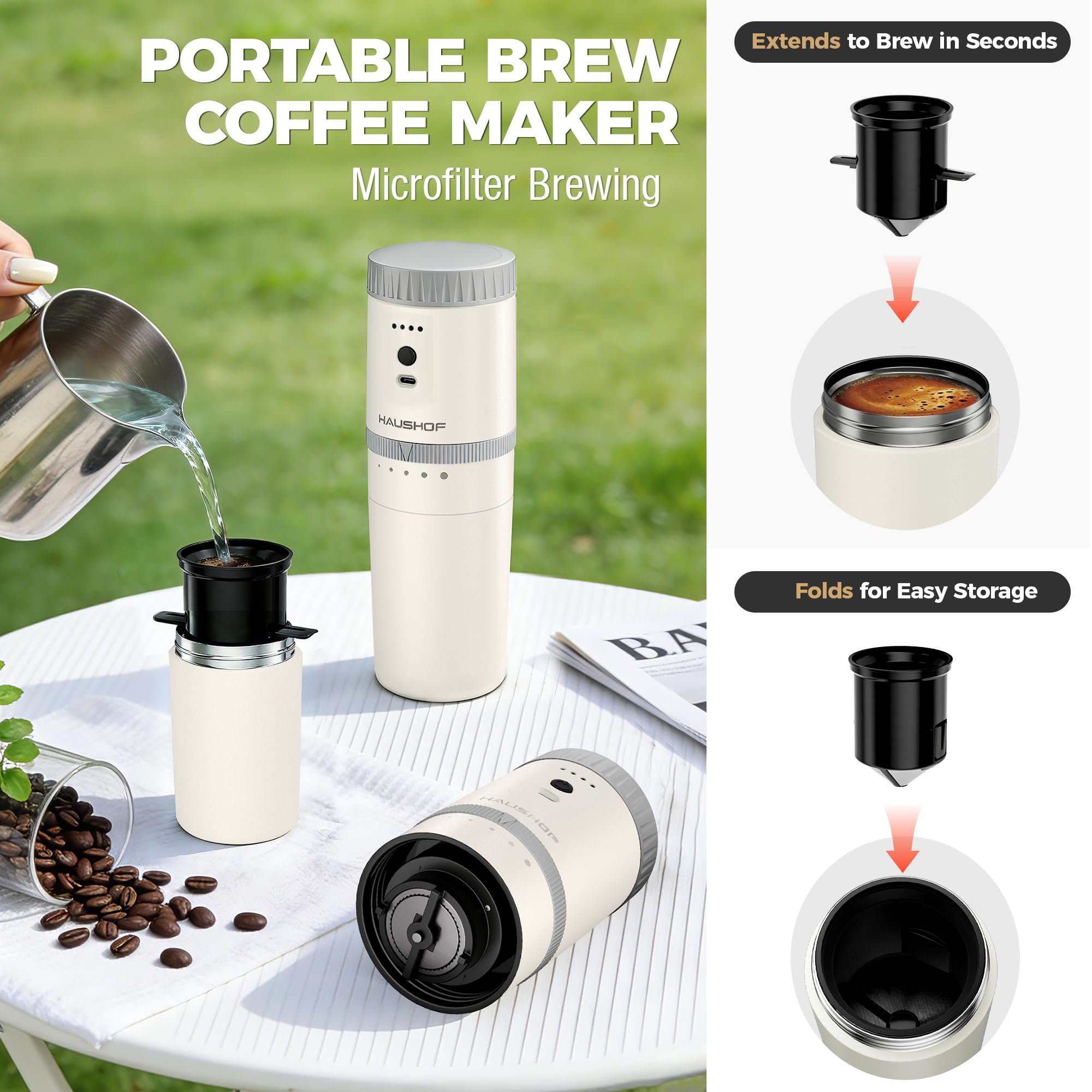 HAUSHOF Portable Coffee Grinder, Camping Coffee Makers, Portable Burr Coffee Grinder and Brewing Kit, Rechargeable, Personal Cordless Coffee Maker for Car, Camping, for Home Use