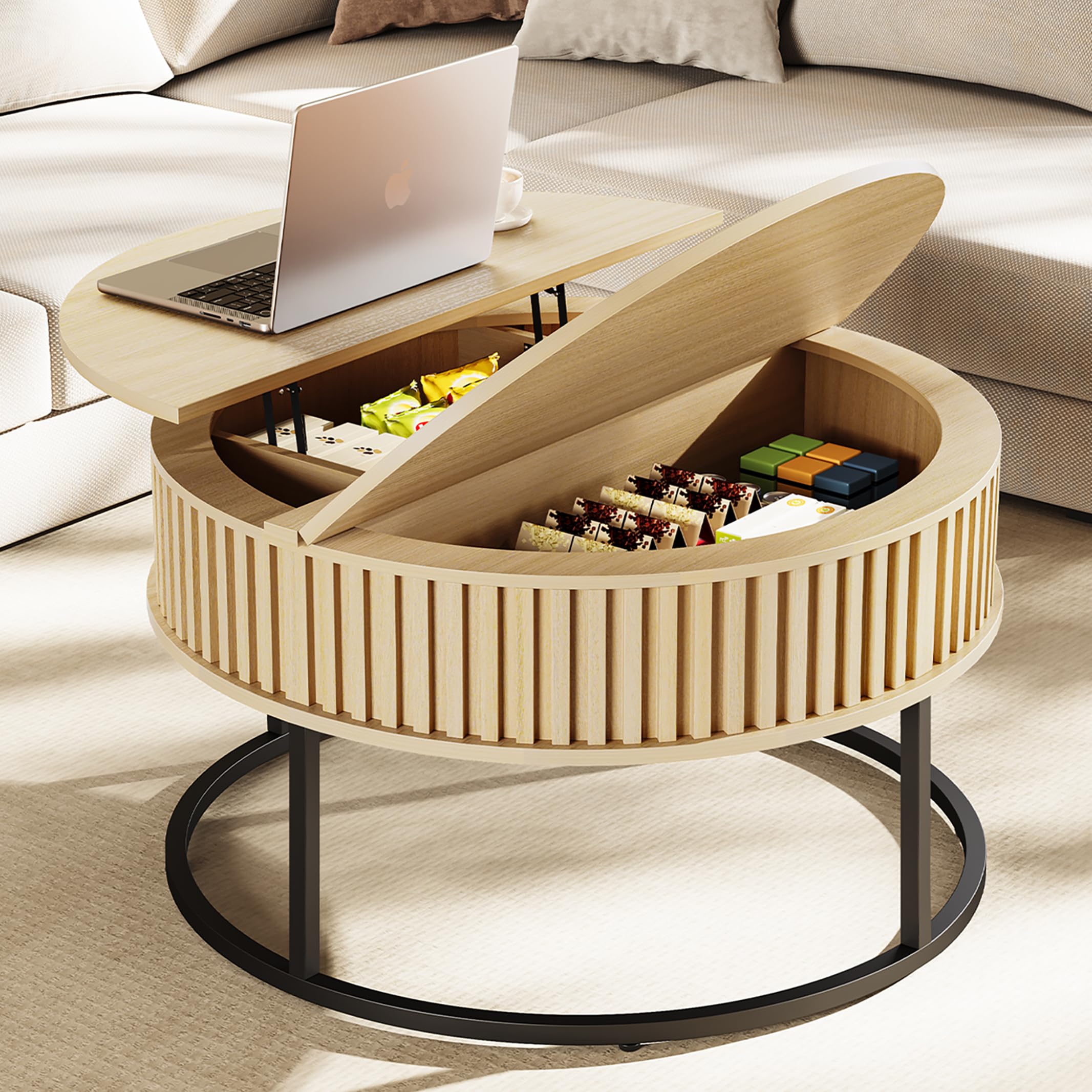 Curlaky Round Coffee Table with Lift Top - Fluted Wood Center Coffee Tables for Living Room, Lifting Up for Dining, Large Hidden Circle Storage Compartment for Small Spaces, Mid Century Modern