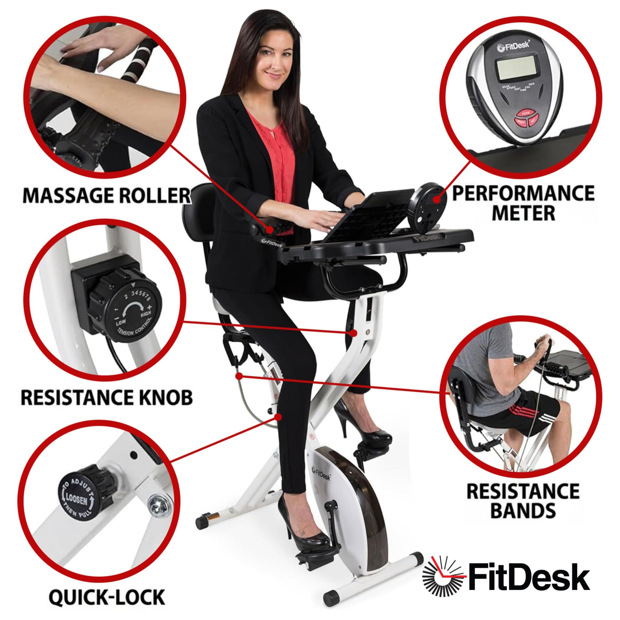 FitDesk Standing Exercise Bike Desk 3.0, Adjustable Height Indoor Cycling Trainer with Laptop Tray, Portable Stationary Fitness Desk for Home Office, Foldable Workstation, Supports 300 lbs