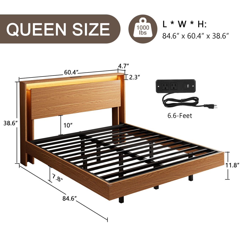 Einhomn Bed Frame Queen Size with LED Lights & Charging Station – Kids Wood Floating Queen Bed Frame with Storage Headboard, Adhesive Slats, Kick-Free & Noise-Free Design, Easy Assembly, Walnut
