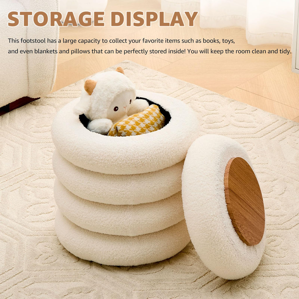 Wimarsbon Round Storage Ottoman, Modern Sherpa Footstool, Teddy Vanity Stool with Flip-Top Tray, Makeup Chair for Home Decor, Upholstered Footrest for Living Room & Bedroom (White S)