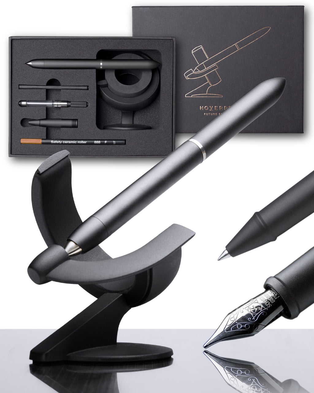 novium Hoverpen Future - Luxury Fountain Pen & Rollerball Pen All-In Gift Box, Schmidt Nib (Fine), Converter, Extra Refill, Aerospace Metal, Best Pen Gift Set for Men & Women (Deep Black)