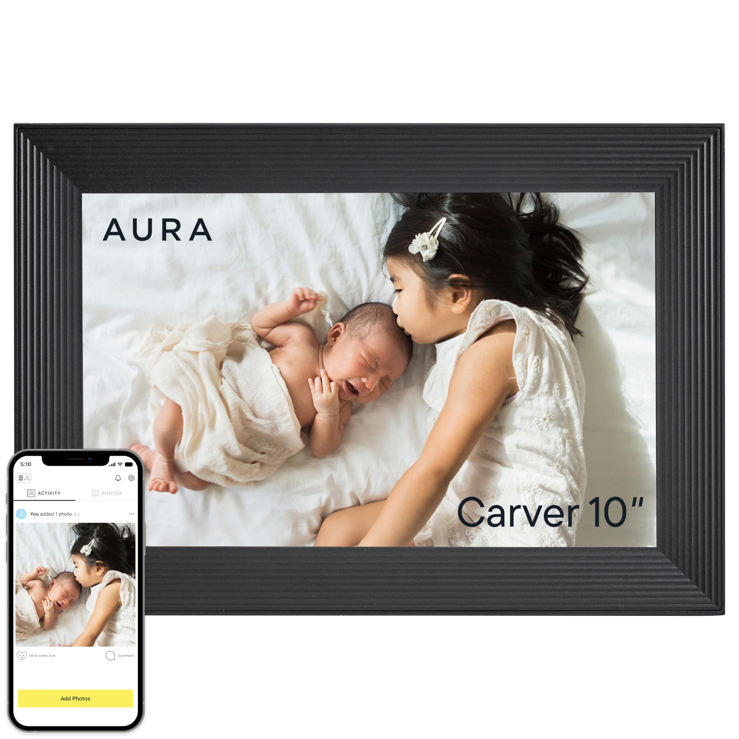 Aura Carver 10.1" HD Digital Picture Frame | Wirecutter's Best Digital Frame for Gifting | Send Photos Directly to Your Frame from Anywhere | Quick & Easy Setup Over WiFi | Unlimited Storage - Black