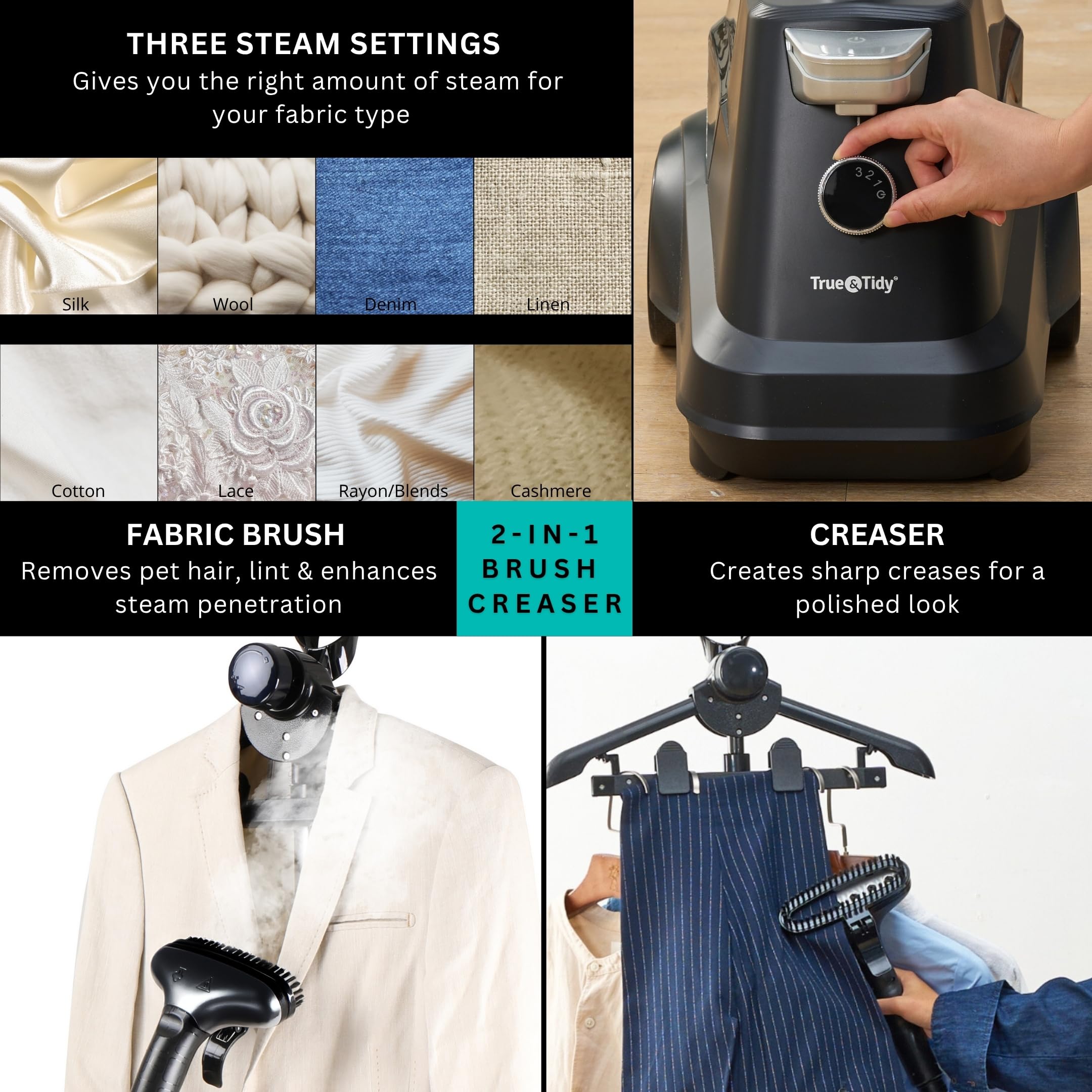 True & Tidy® Heavy-Duty Commercial Industrial Standing Garment Steamer for Clothes, 1800 watts, XL 3L water tank 90+ mins of Steam 3 Steam Settings, Step On/Off Control, Wheels for Easy Movement