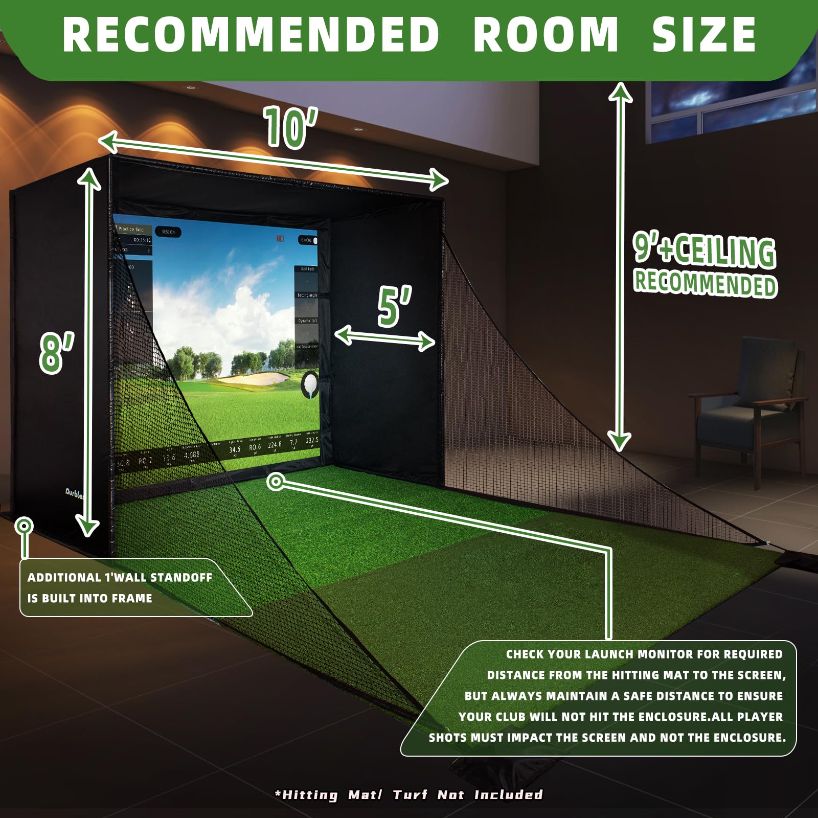 Golf Simulator Enclosure Kit with Premium HD Impact Screen, Full Safety Padding & Blackout Curtain, Home Golf Sim Setup Compatible with Launch Monitors, Indoor Cage Net Golfing Accessories (10 x 8 ft)