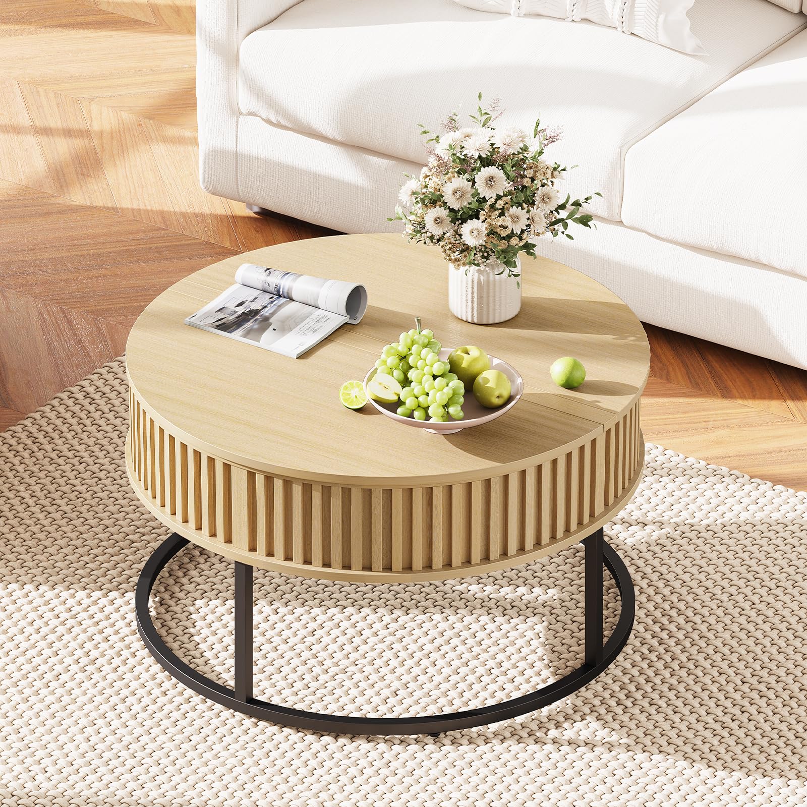 Curlaky Round Coffee Table with Lift Top - Fluted Wood Center Coffee Tables for Living Room, Lifting Up for Dining, Large Hidden Circle Storage Compartment for Small Spaces, Mid Century Modern